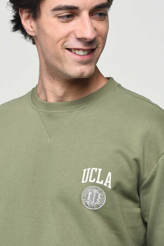YOUNT Yeşil Bisiklet Yaka Baskılı Oversize  Erkek Sweatshirt