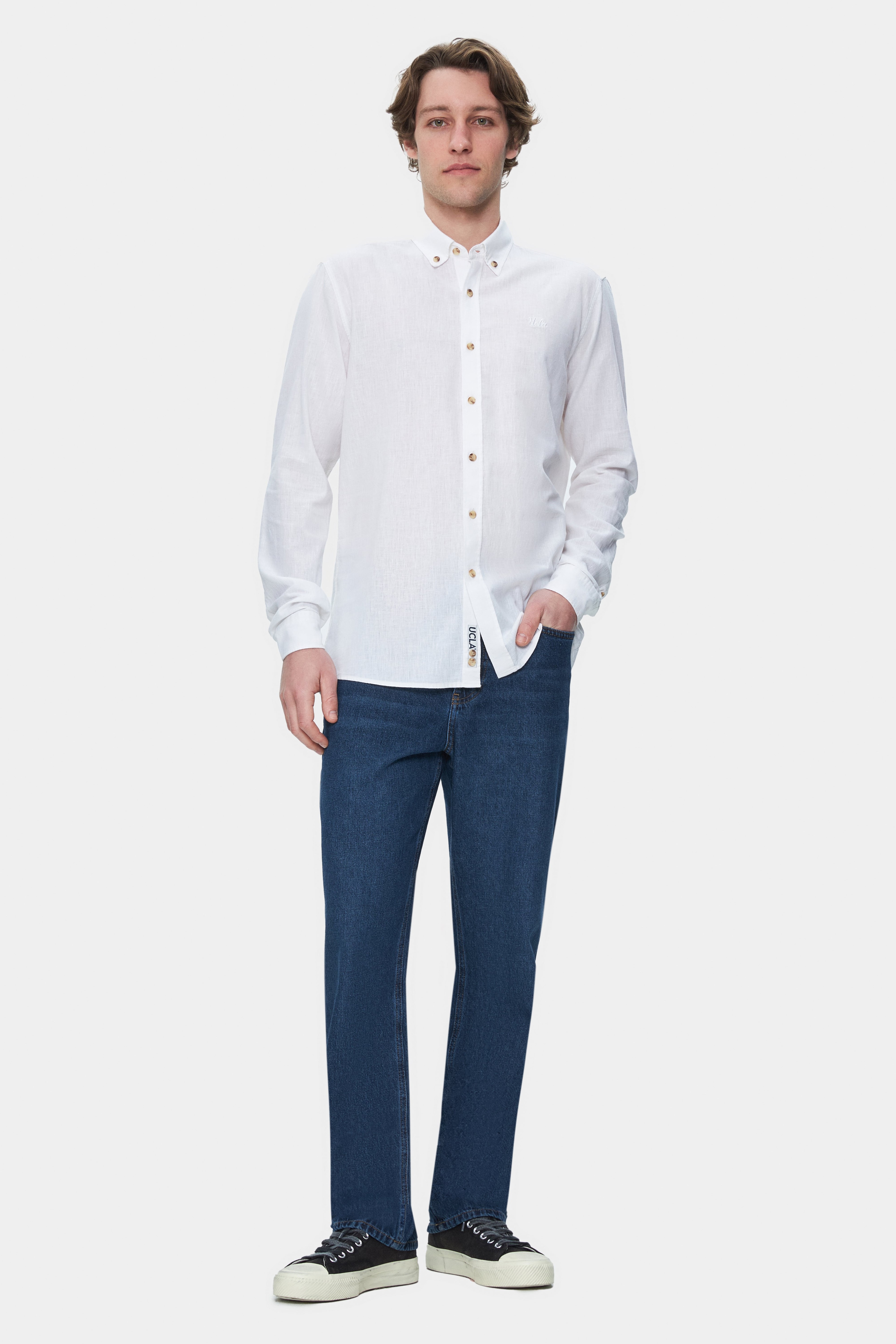 JACQUEZ Beyaz Keten Nakışlı Standard Fit Erkek Gömlek