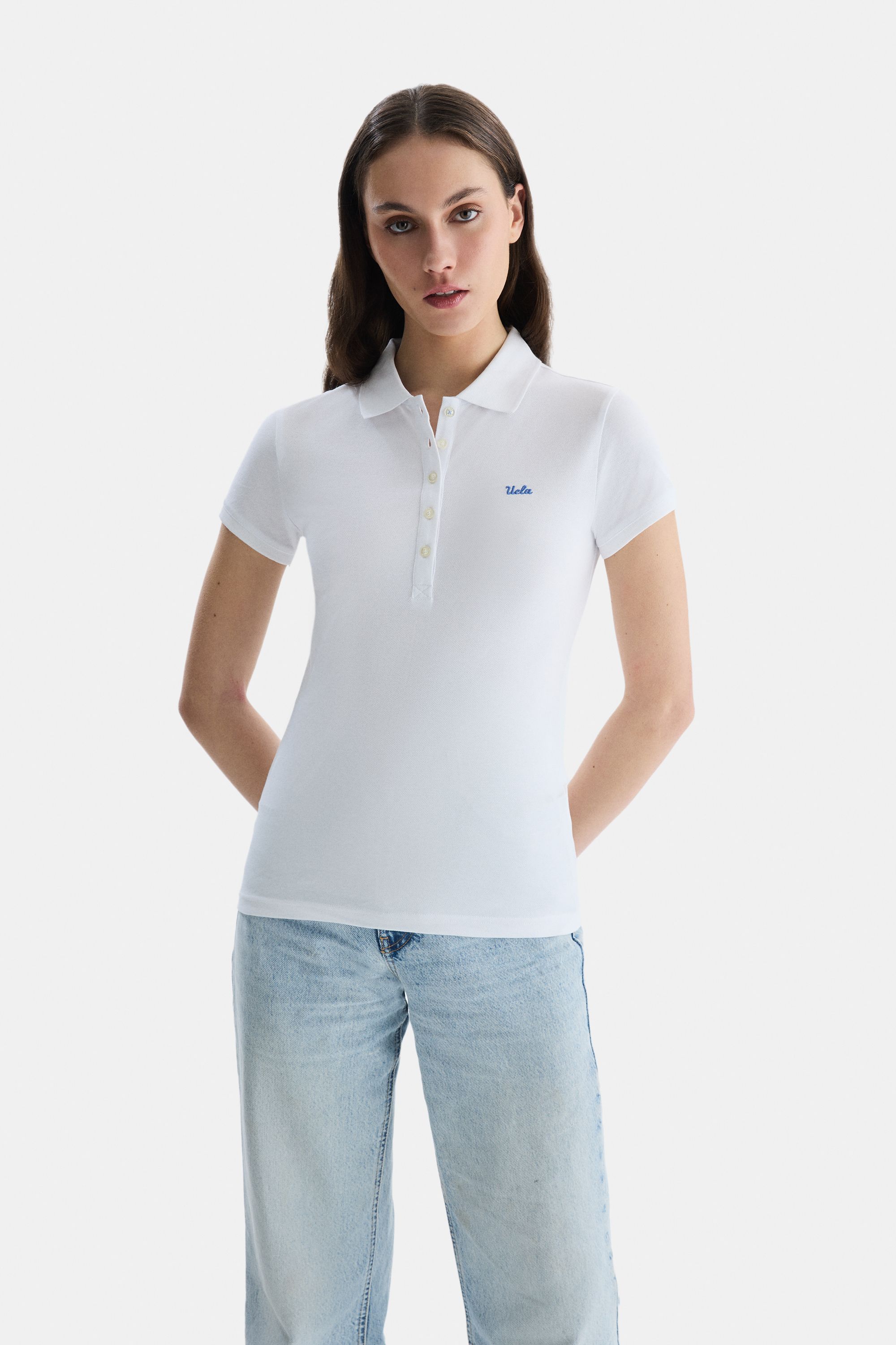 SHAVER Beyaz Polo Yaka Nakışlı Standard Fit Kadın Tshirt