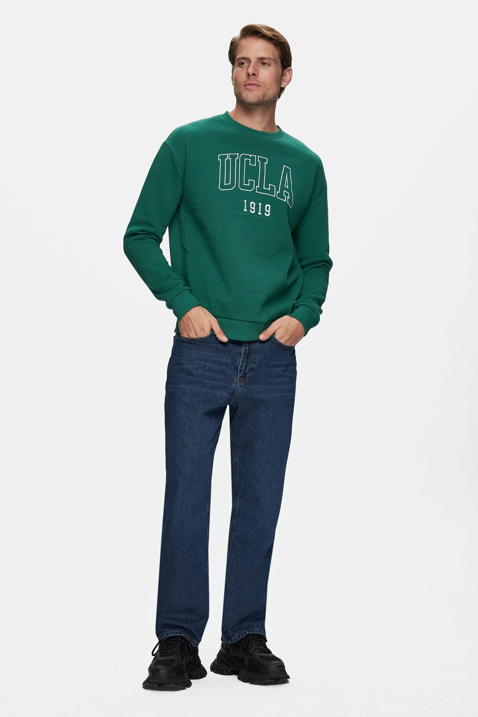 SANDHILL Yeşil Bisiklet Yaka Nakışlı Şardonlu Loose Fit Erkek Sweatshirt