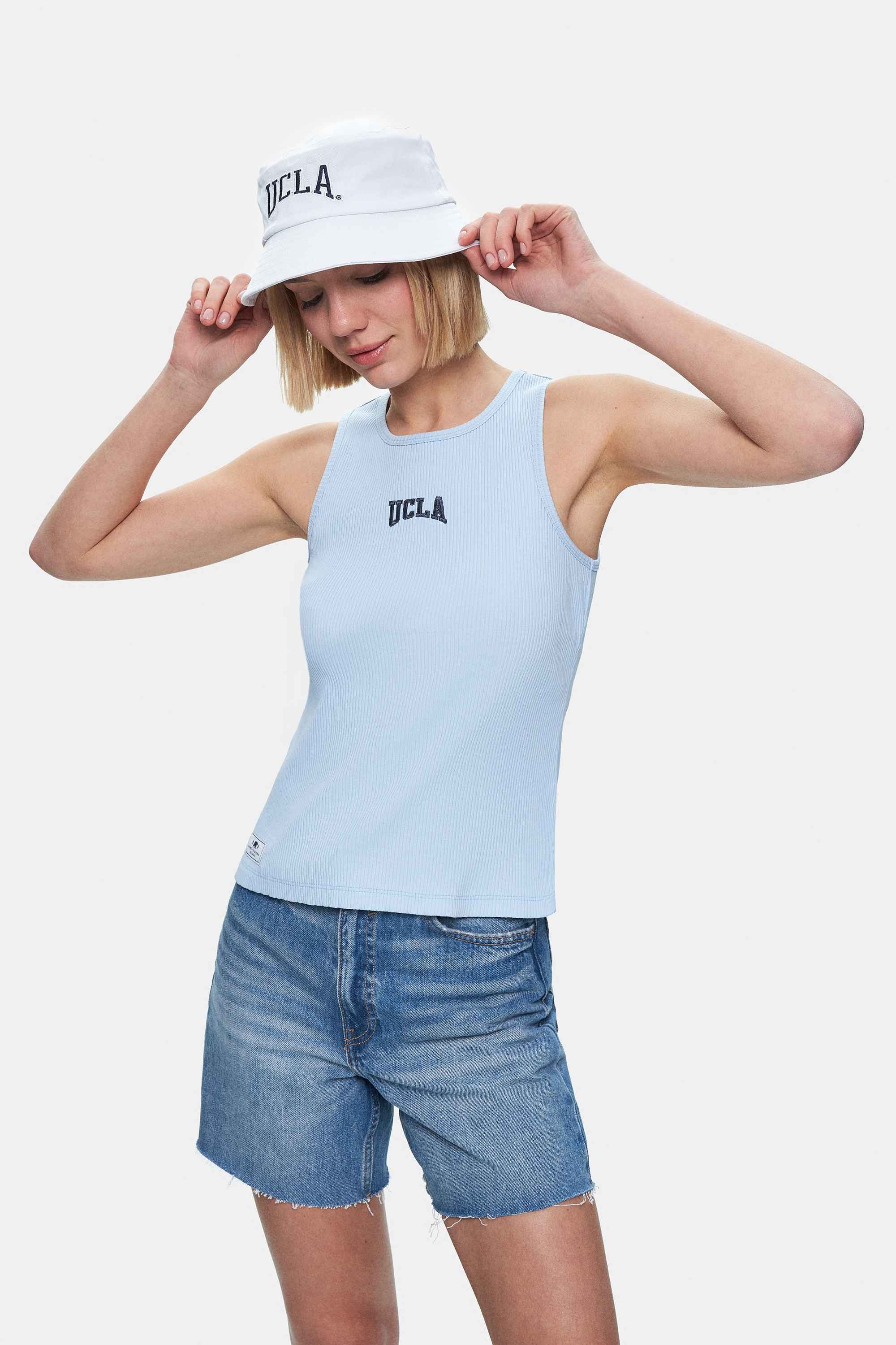 SALINAS Gök Mavi Sıfır Kol Nakışlı Standard Fit Kadın Tshirt