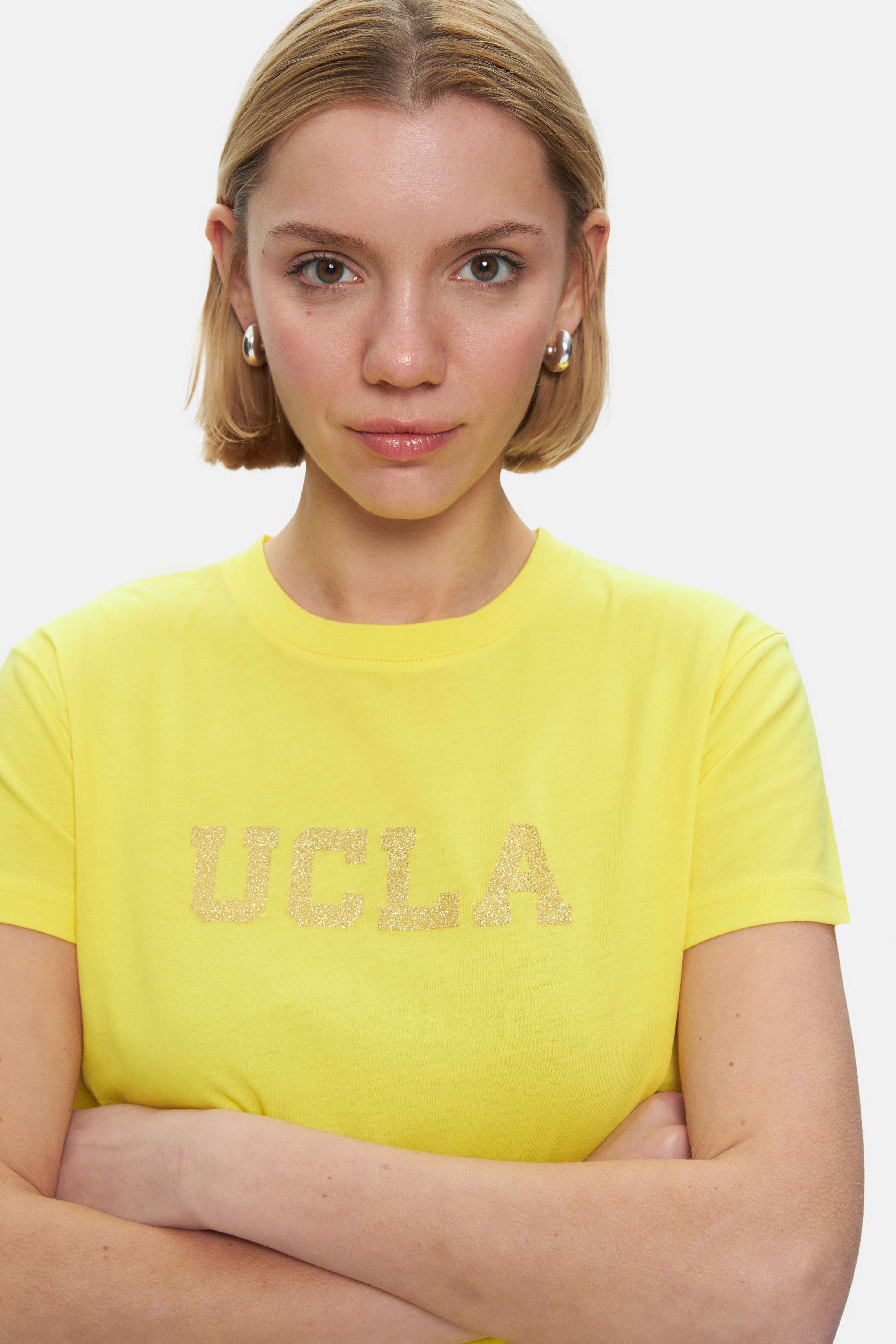 ISOLDE Açık Sarı Bisiklet Yaka Baskılı Standard Fit Kadın Tshirt