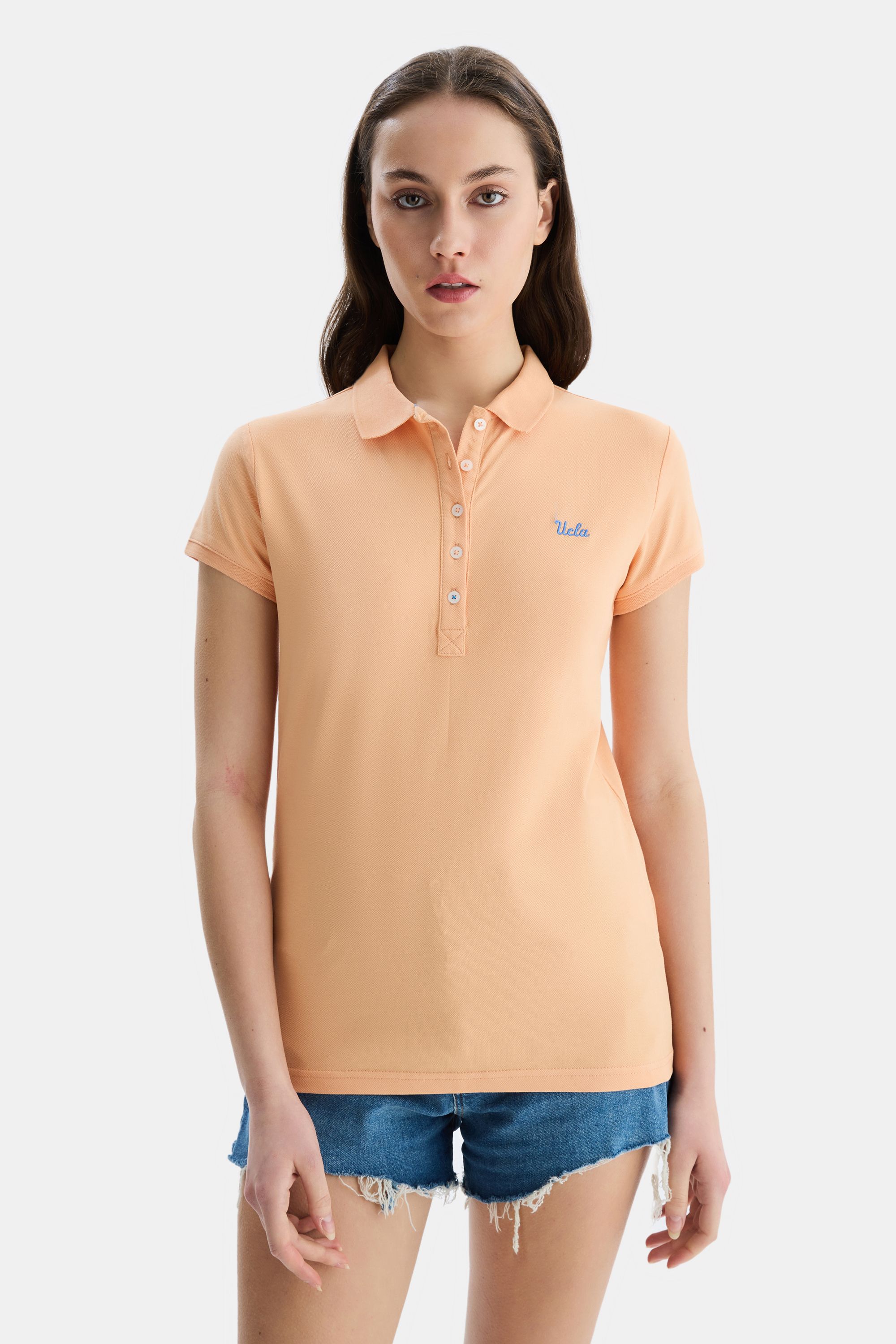 SHAVER Turuncu Polo Yaka Nakışlı Standard Fit Kadın Tshirt