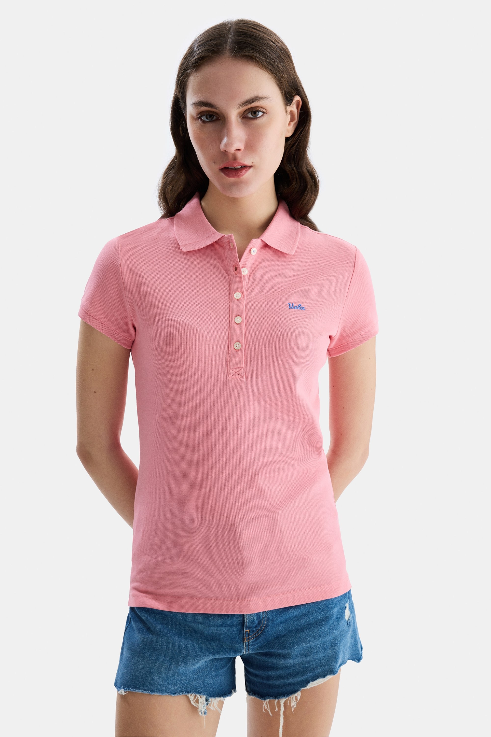 SHAVER Pembe Polo Yaka Nakışlı Standard Fit Kadın Tshirt