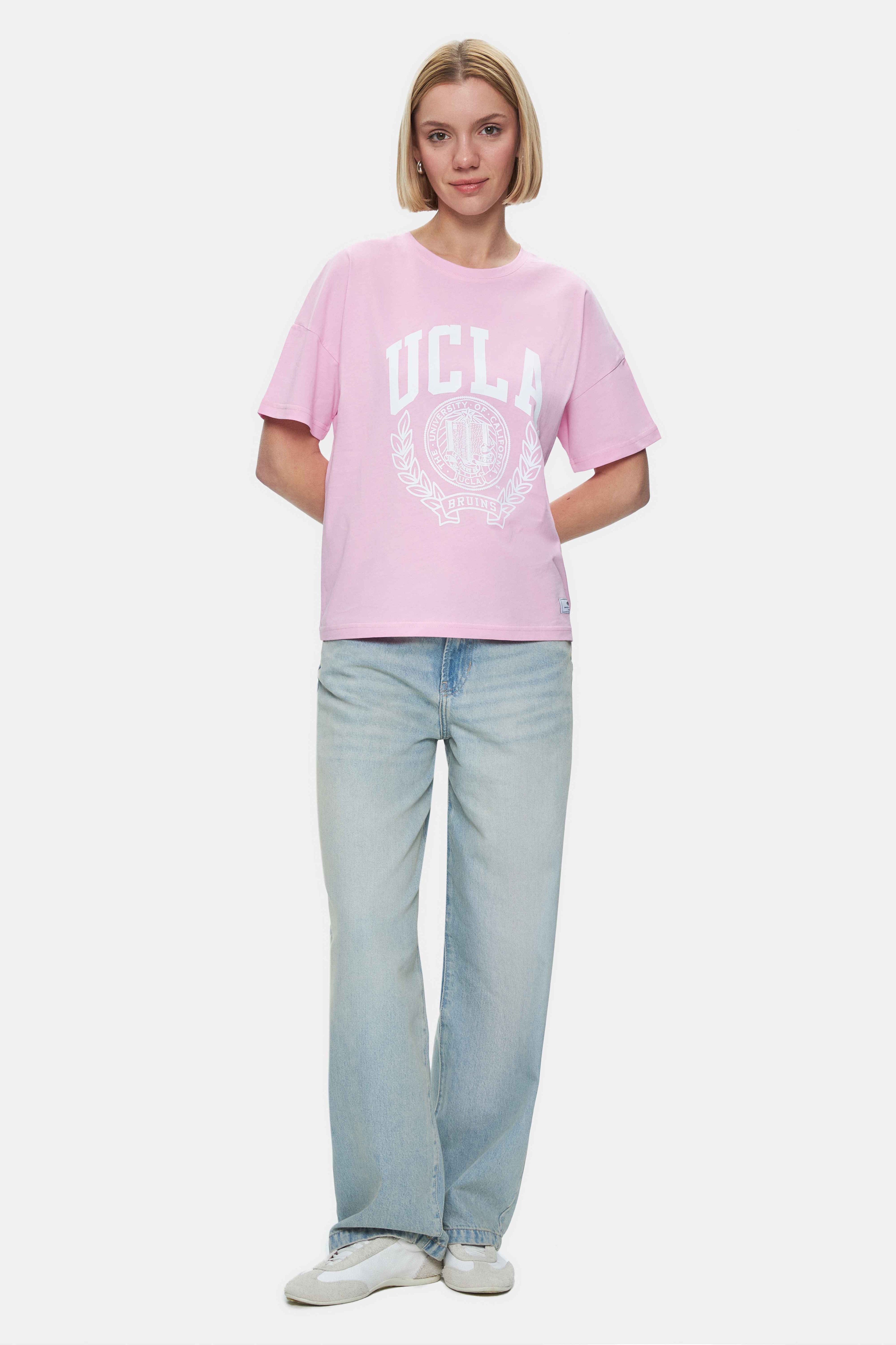 AVALON Pembe Bisiklet Yaka Baskılı Oversize Kadın Tshirt