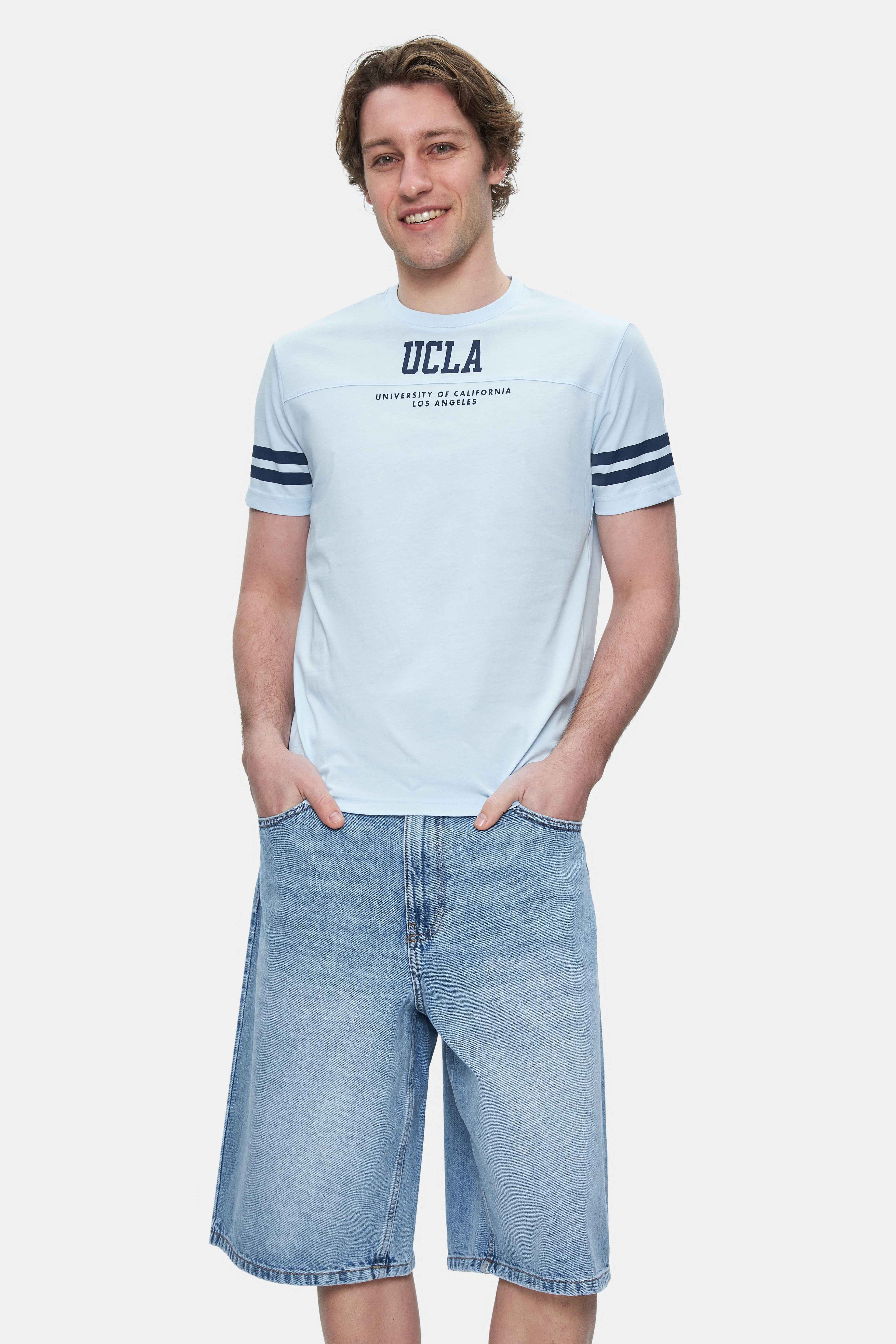 STARK Gök Mavi Kolu Şeritli Bisiklet Yaka Baskılı Standard Fit Erkek Tshirt