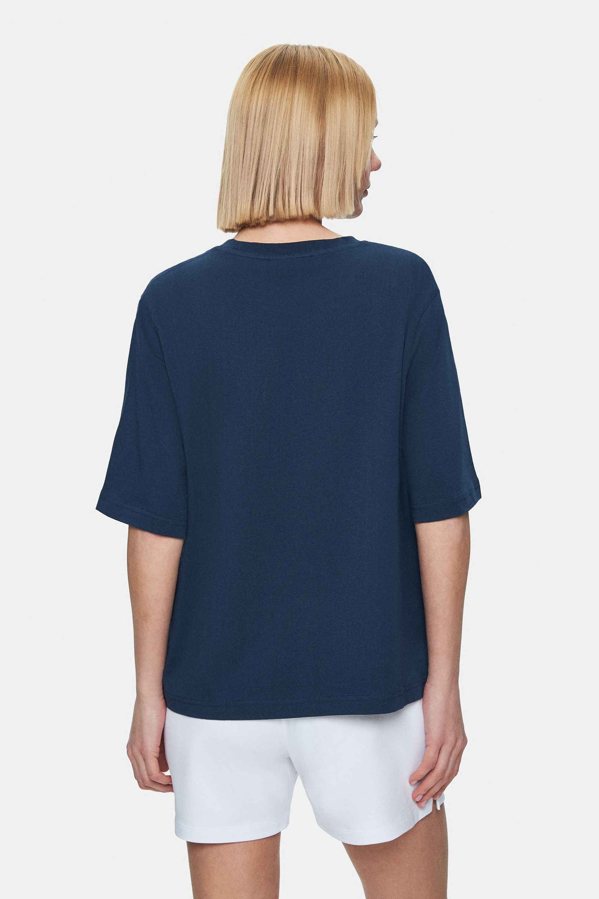 MANUELA Lacivert Bisiklet Yaka Tshirt Nakışlı Loose Fit Kadın Tshirt