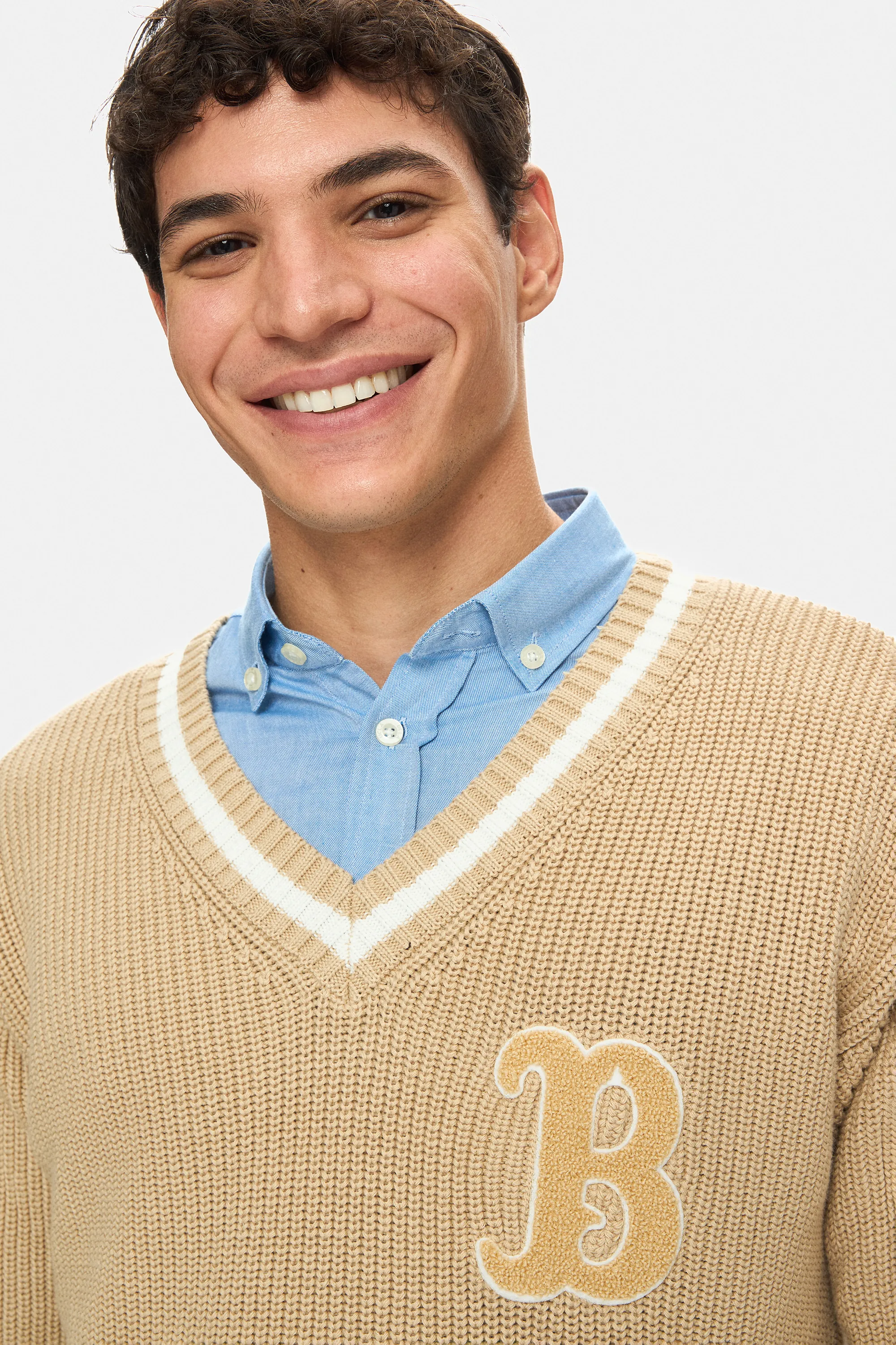 HEYOKA Koyu Bej Bisiklet Yaka Nakışlı Loose Fit Erkek Triko