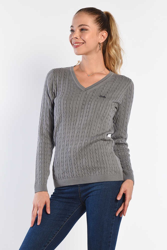 CREST Gri Saç Örgü Nakışlı Standard Fit Kadın Triko