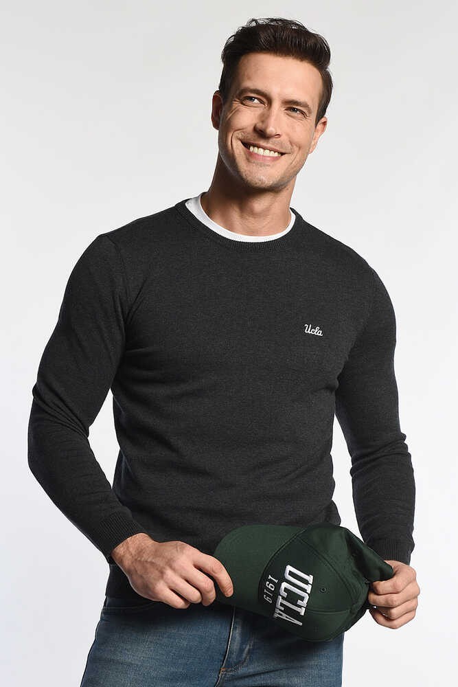 MENTO Koyu Gri Bisiklet Yaka Nakışlı Slim Fit Erkek Triko