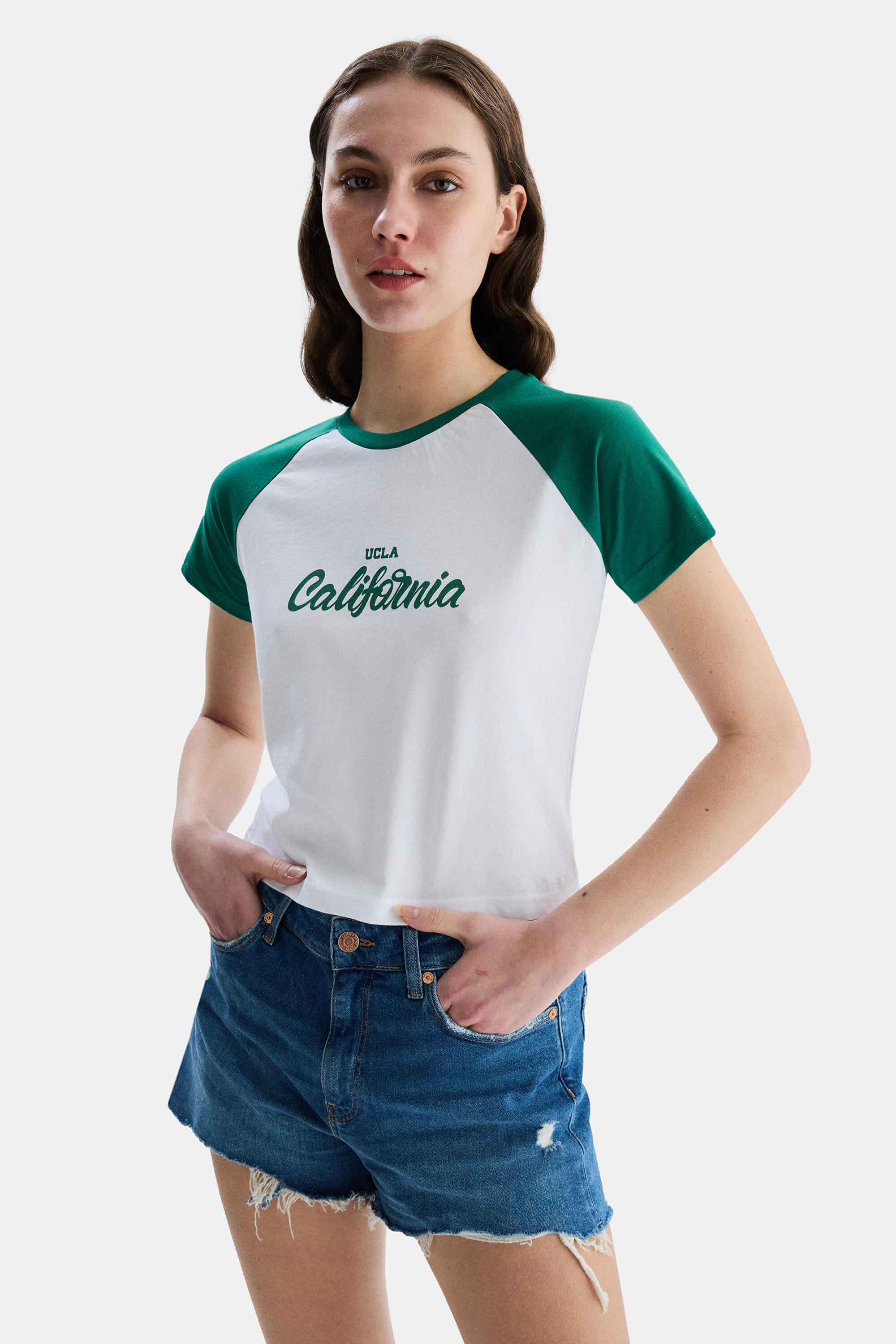 CAROLINA Yeşil Bisiklet Yaka Baskılı Standard Fit Kadın Tshirt