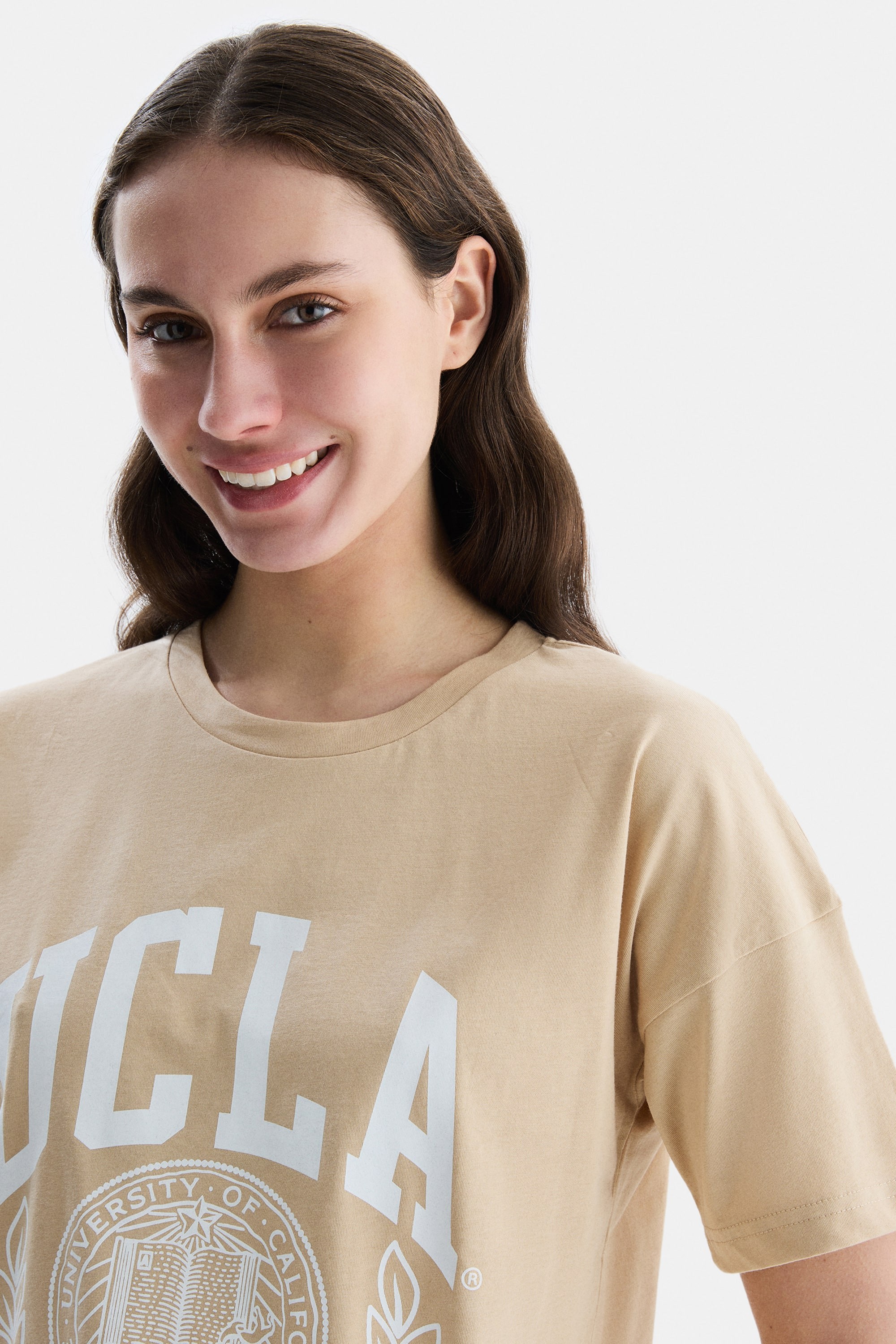 AVALON Kahve Bisiklet Yaka Baskılı Oversize Kadın Tshirt