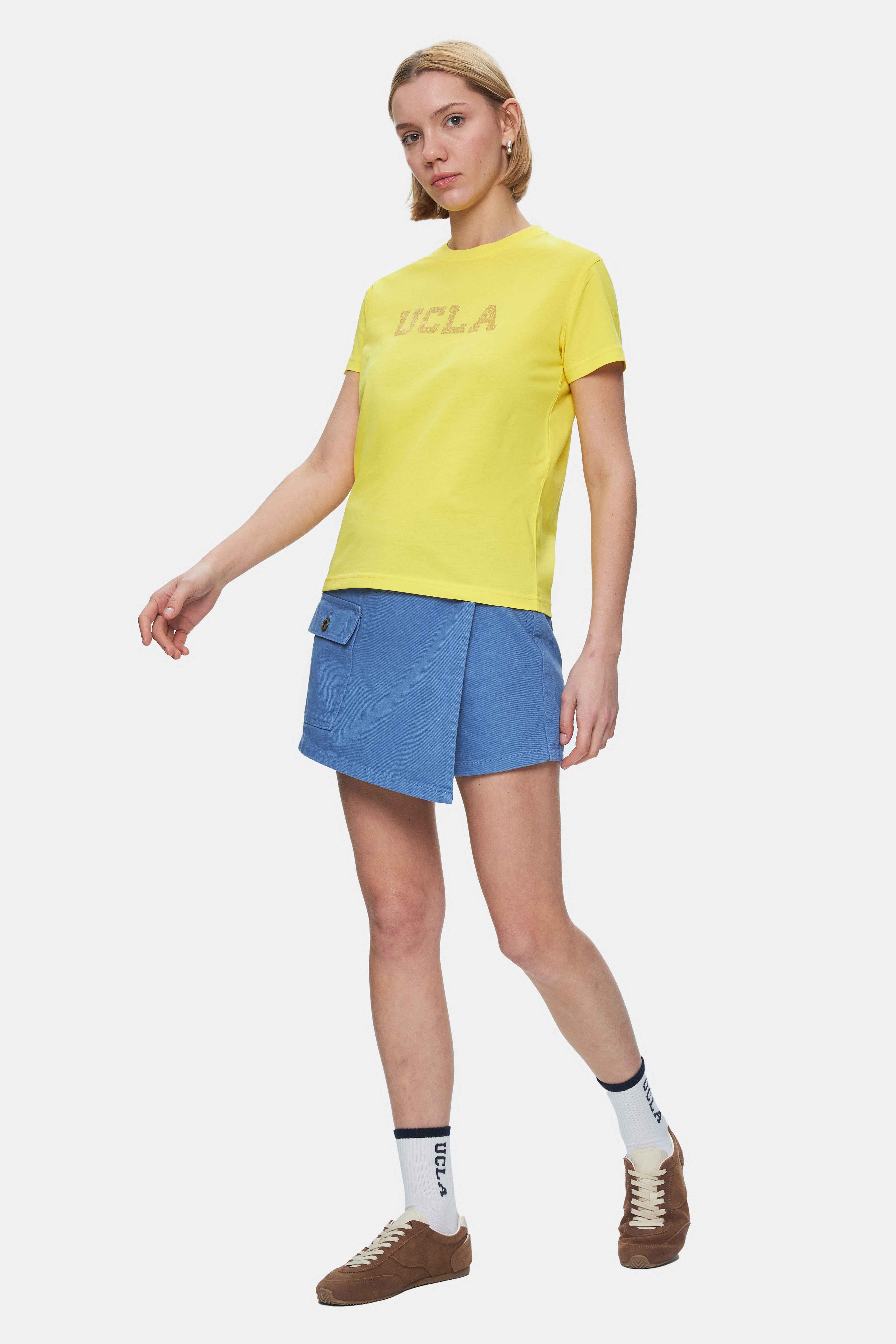 ISOLDE Açık Sarı Bisiklet Yaka Baskılı Standard Fit Kadın Tshirt