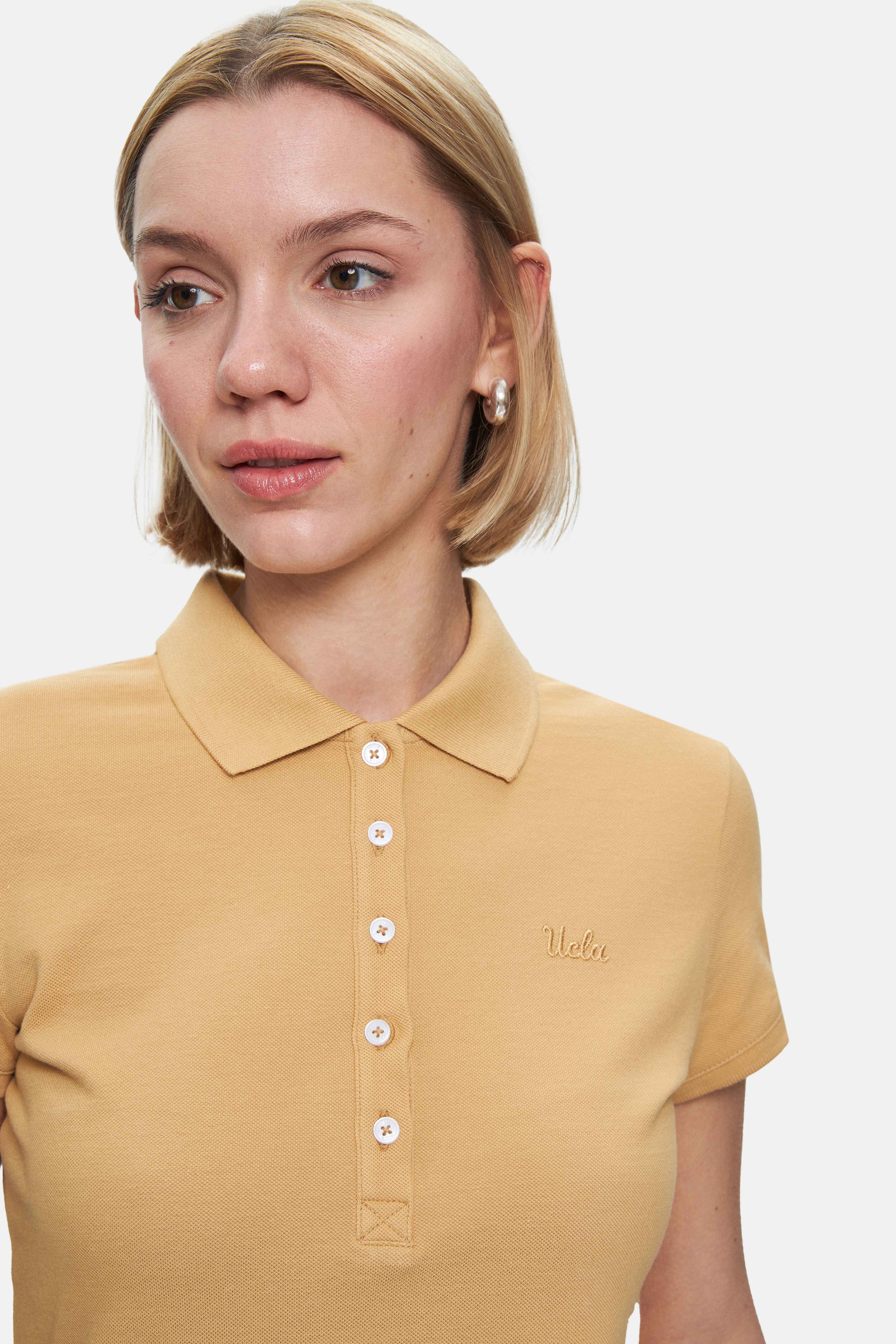 SHAVER Kahve Polo Yaka Nakışlı Standard Fit Kadın Tshirt