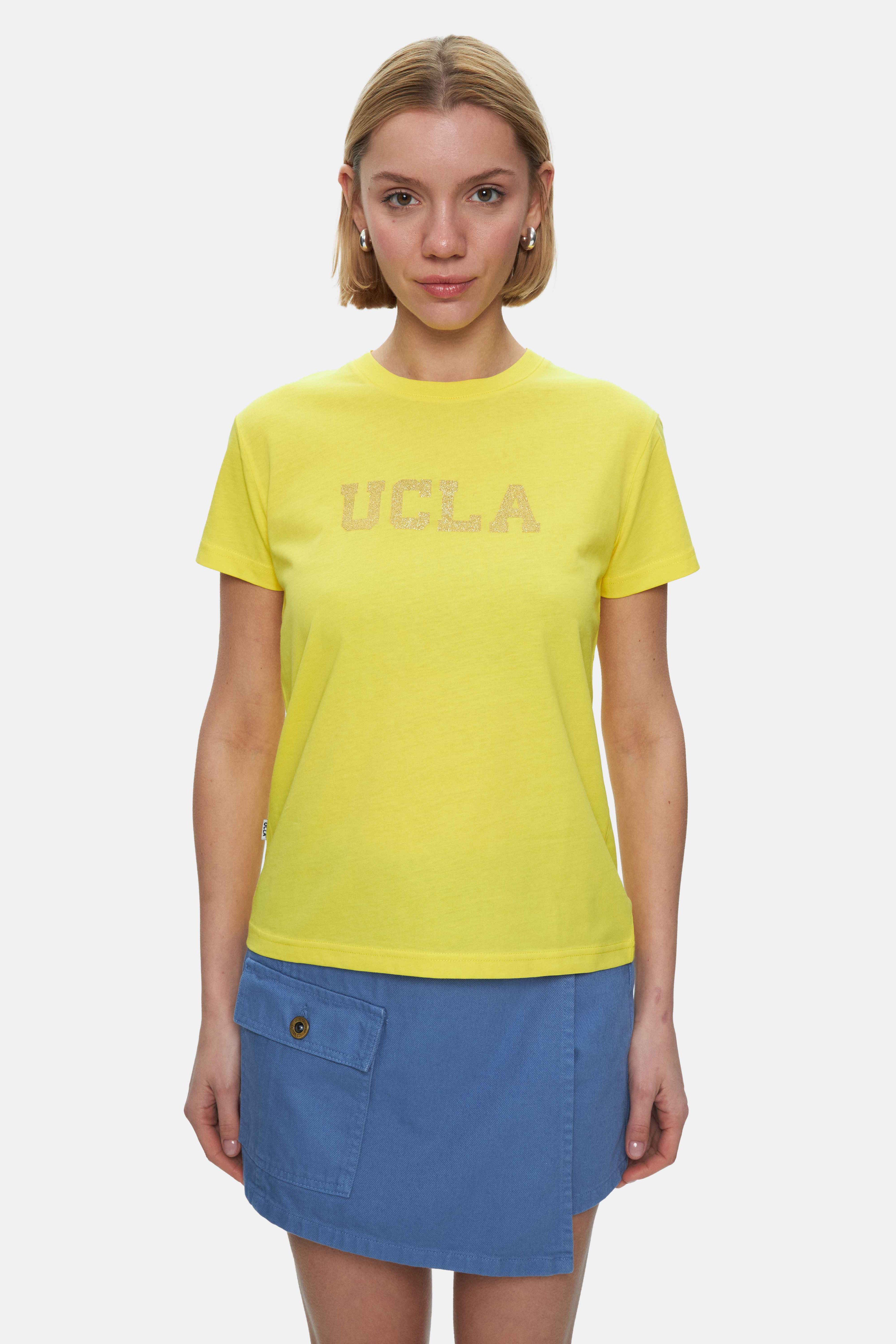 ISOLDE Açık Sarı Bisiklet Yaka Baskılı Standard Fit Kadın Tshirt