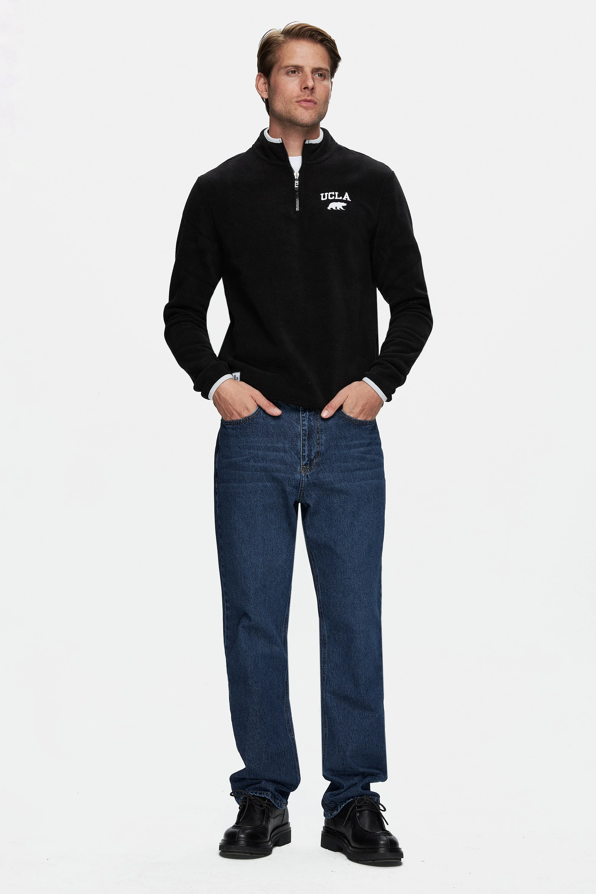 CORNING Siyah Yarım Fermuarlı Nakışlı Polar Dik Yaka Standard Fit Erkek Sweatshirt