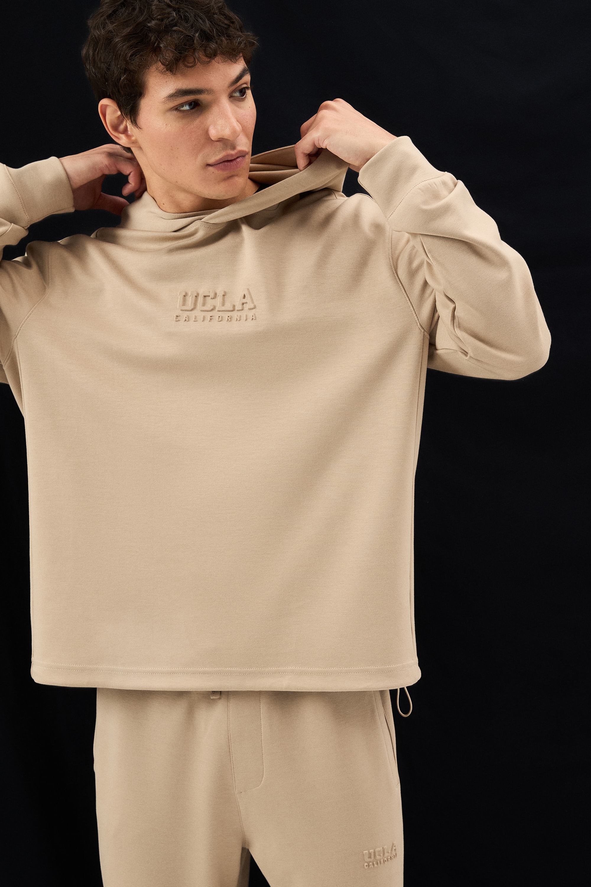 WINFREY Koyu Bej Kapüşonlu Gofre Baskı Standard Fit Erkek Sweatshirt