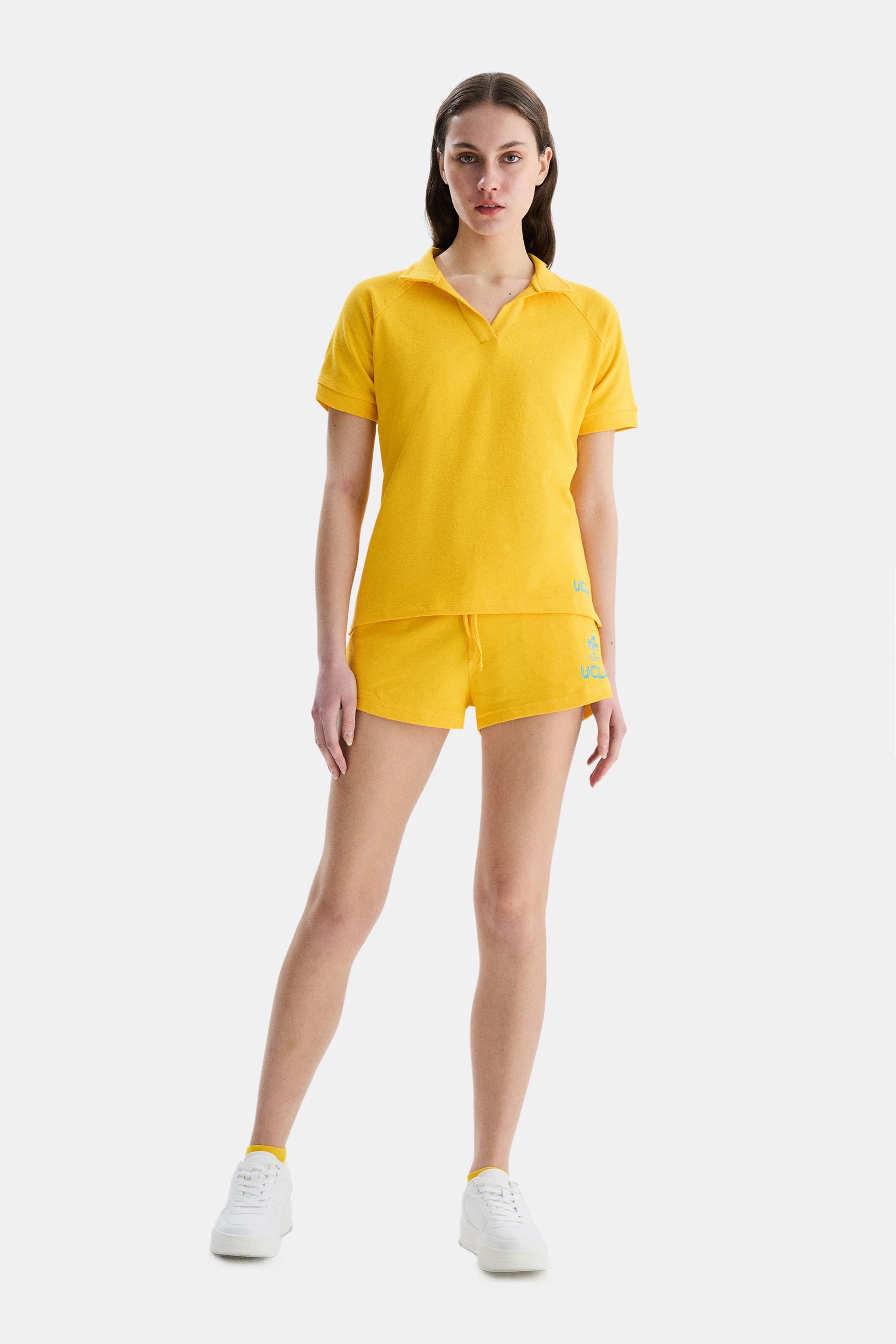 MELROSE Sarı Polo Yaka Nakışlı Standard Fit Kadın Tshirt