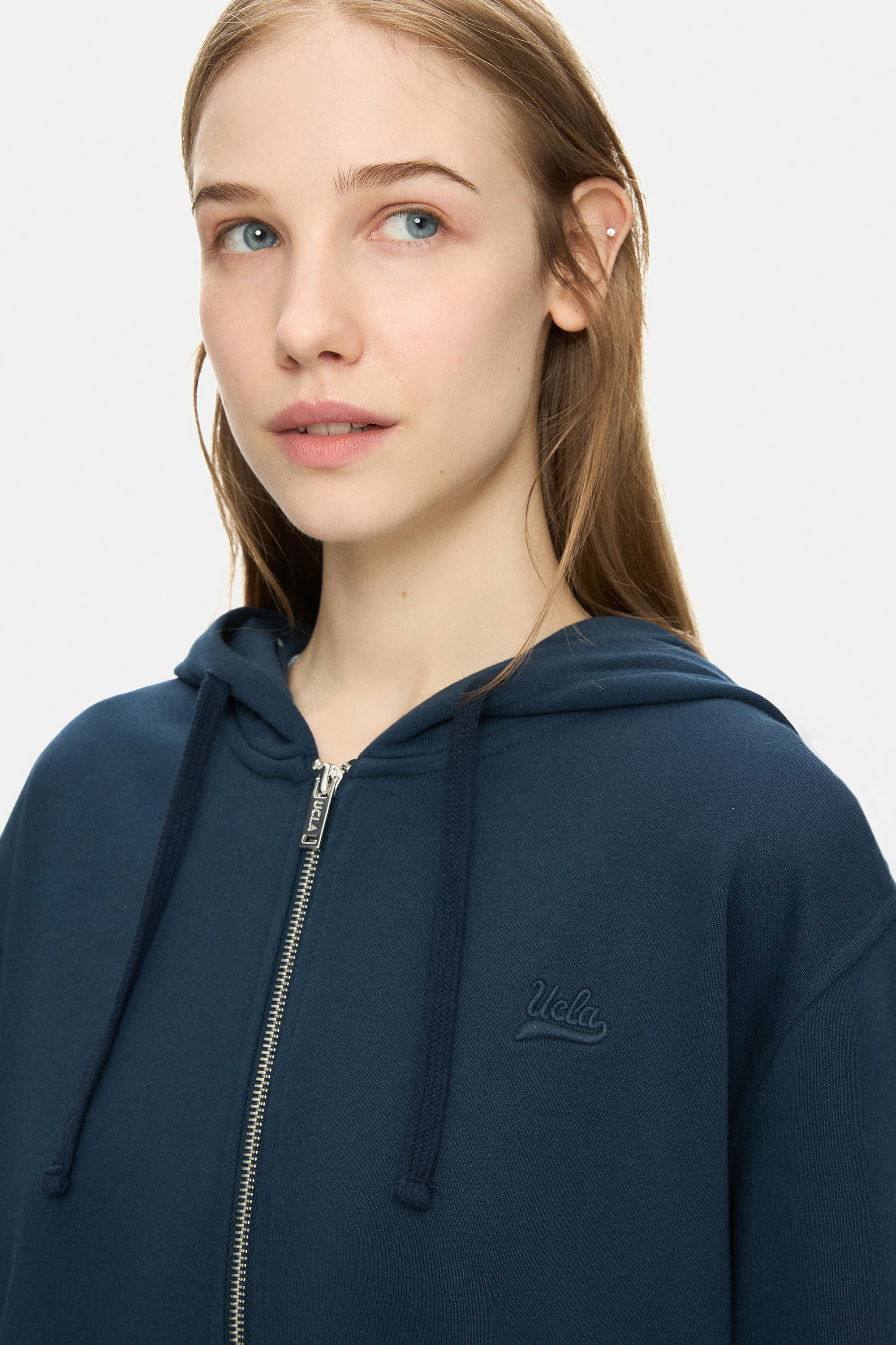 VIVIANA Lacivert Kapüşonlu Baskılı Fermuarlı Standard Fit Kadın Sweatshirt