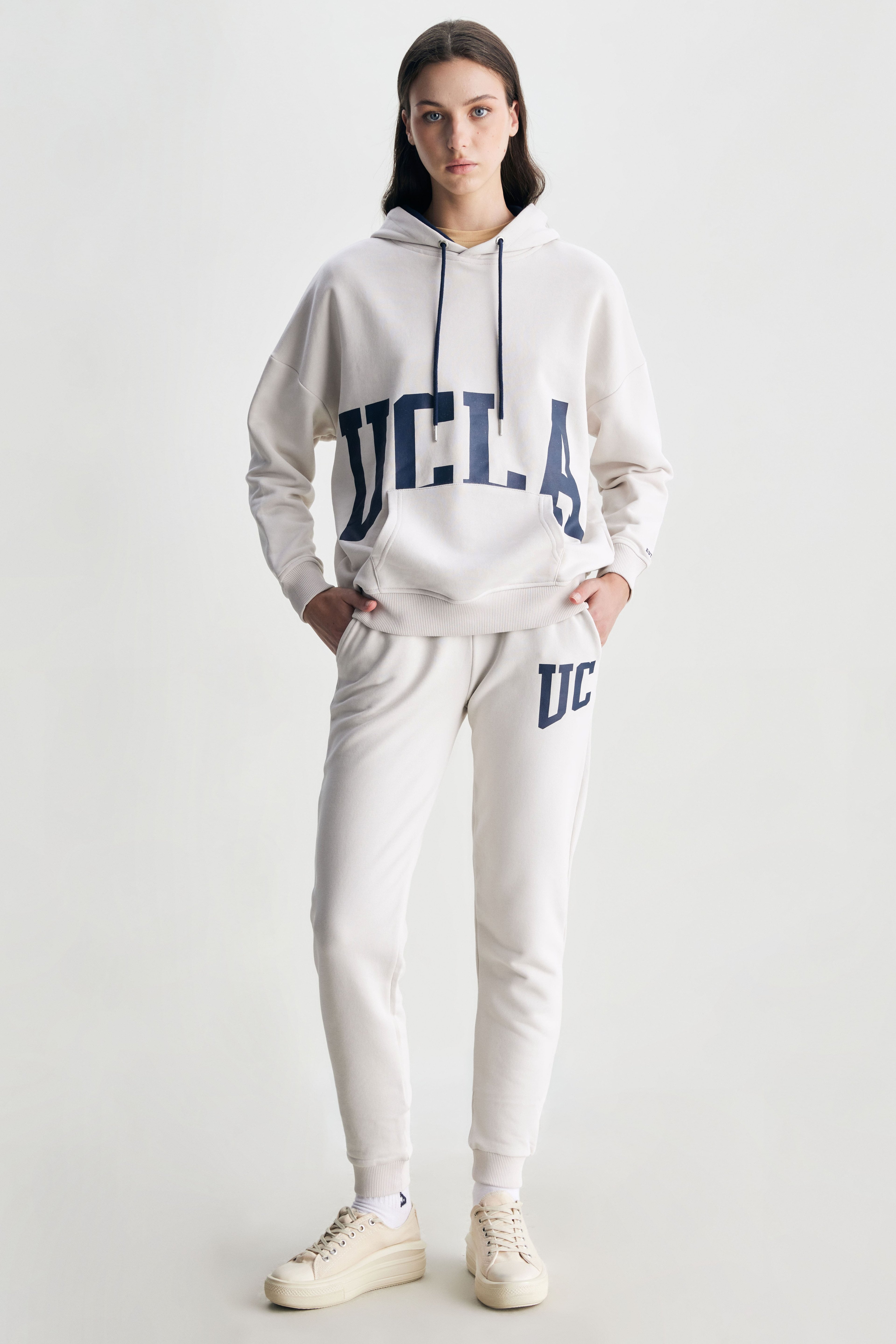 ELLEN Bej Kapüşonlu Baskılı Oversize  Kadın Sweatshirt