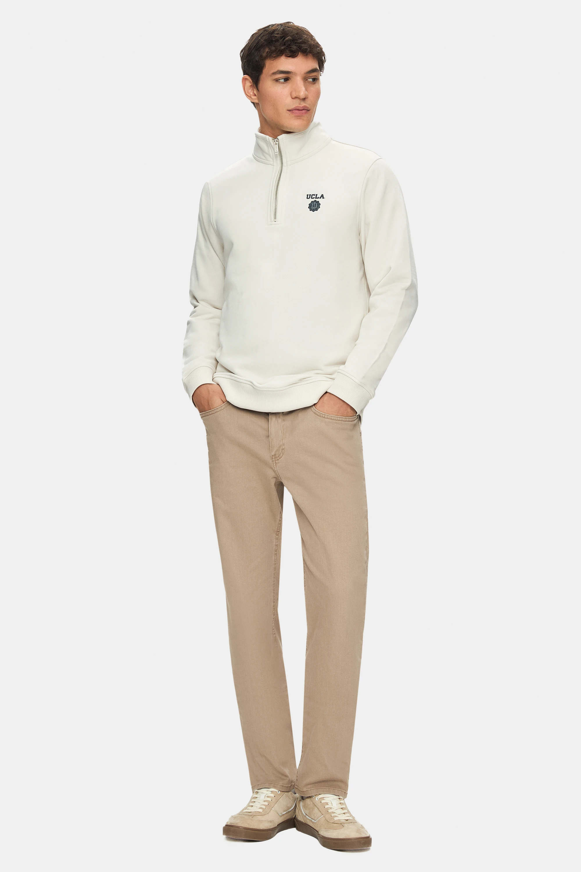 LEON Bej Yarım Fermuar Baskılı Dik Yaka Standard Fit Erkek Sweatshirt