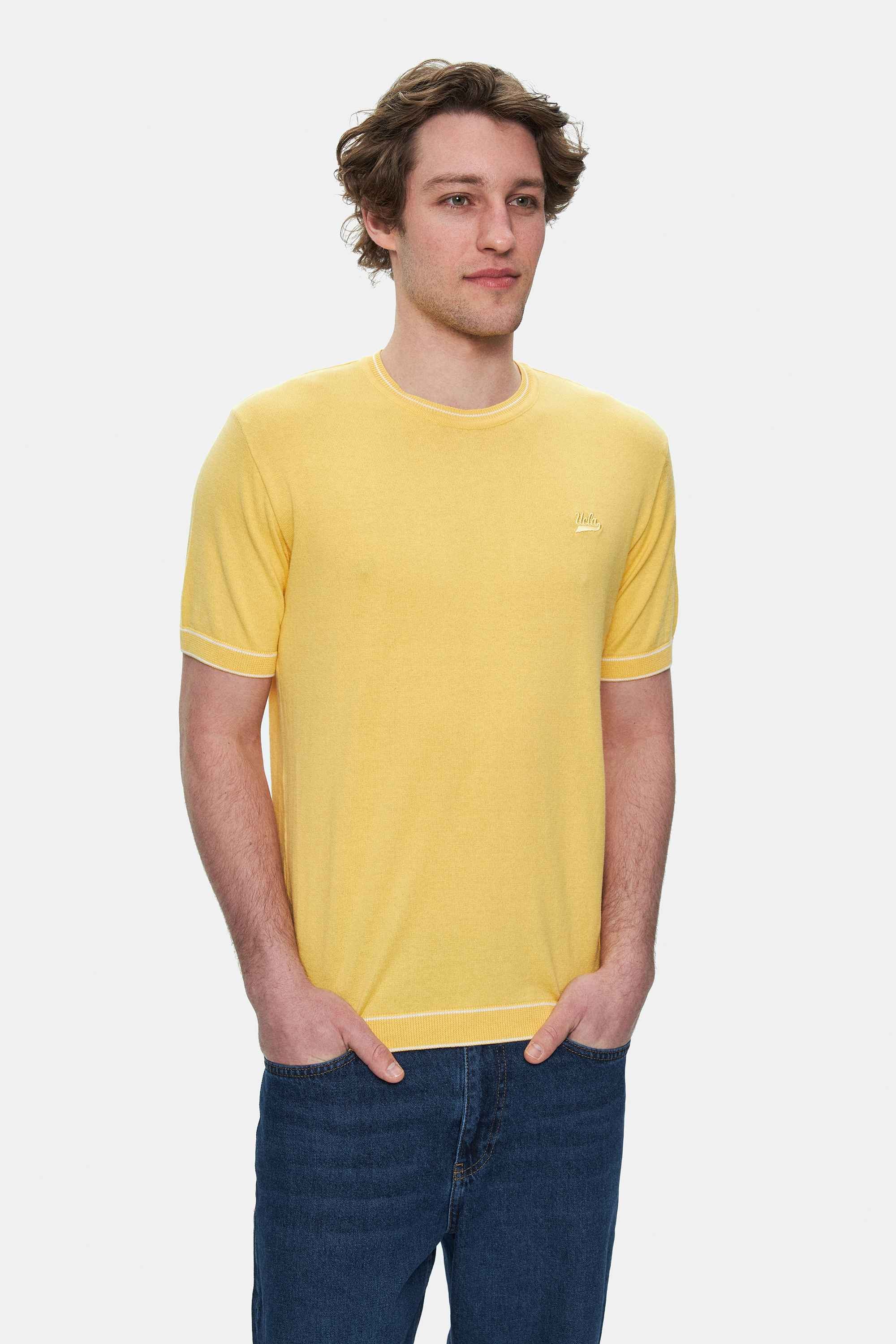 FARED Sarı Bisiklet Yaka Triko Nakışlı Standard Fit Erkek Tshirt