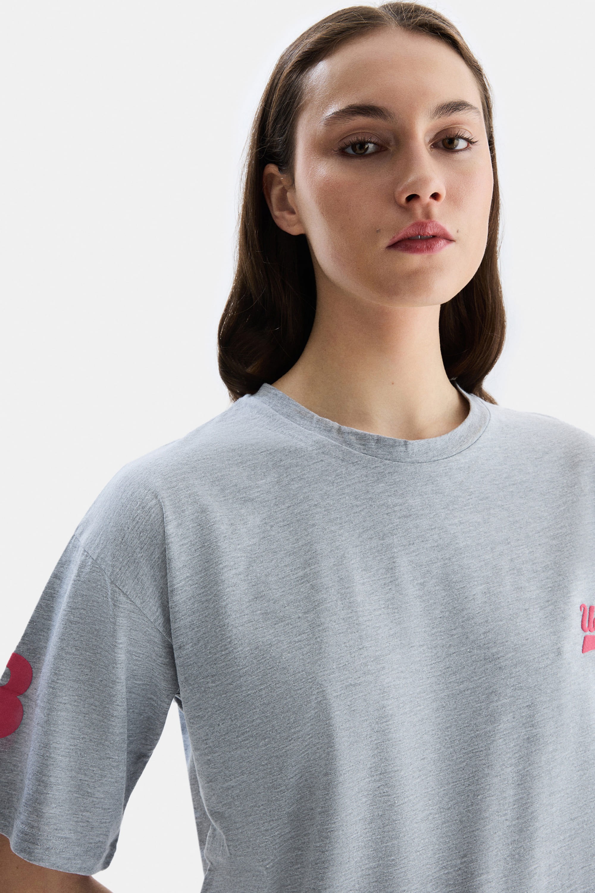 PARADISO Gri Bisiklet Yaka baskılı Oversize Kadın Tshirt