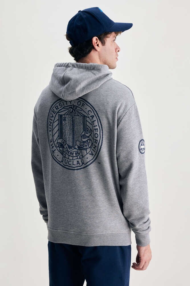 ROSS Gri Kapüşonlu Nakışlı Oversize Erkek Sweatshirt
