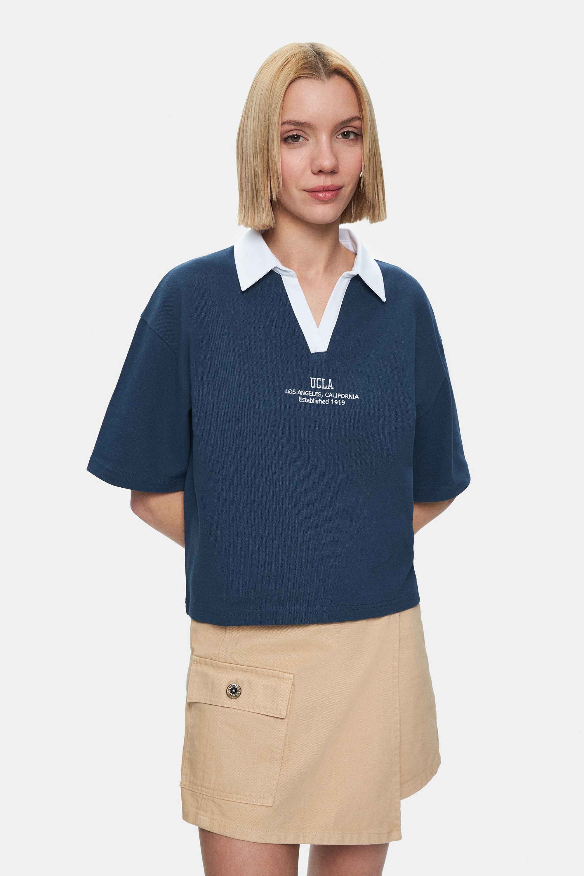 POLLY Lacivert Polo Yaka Sargı Nakışlı Loose Fit Kadın Tshirt
