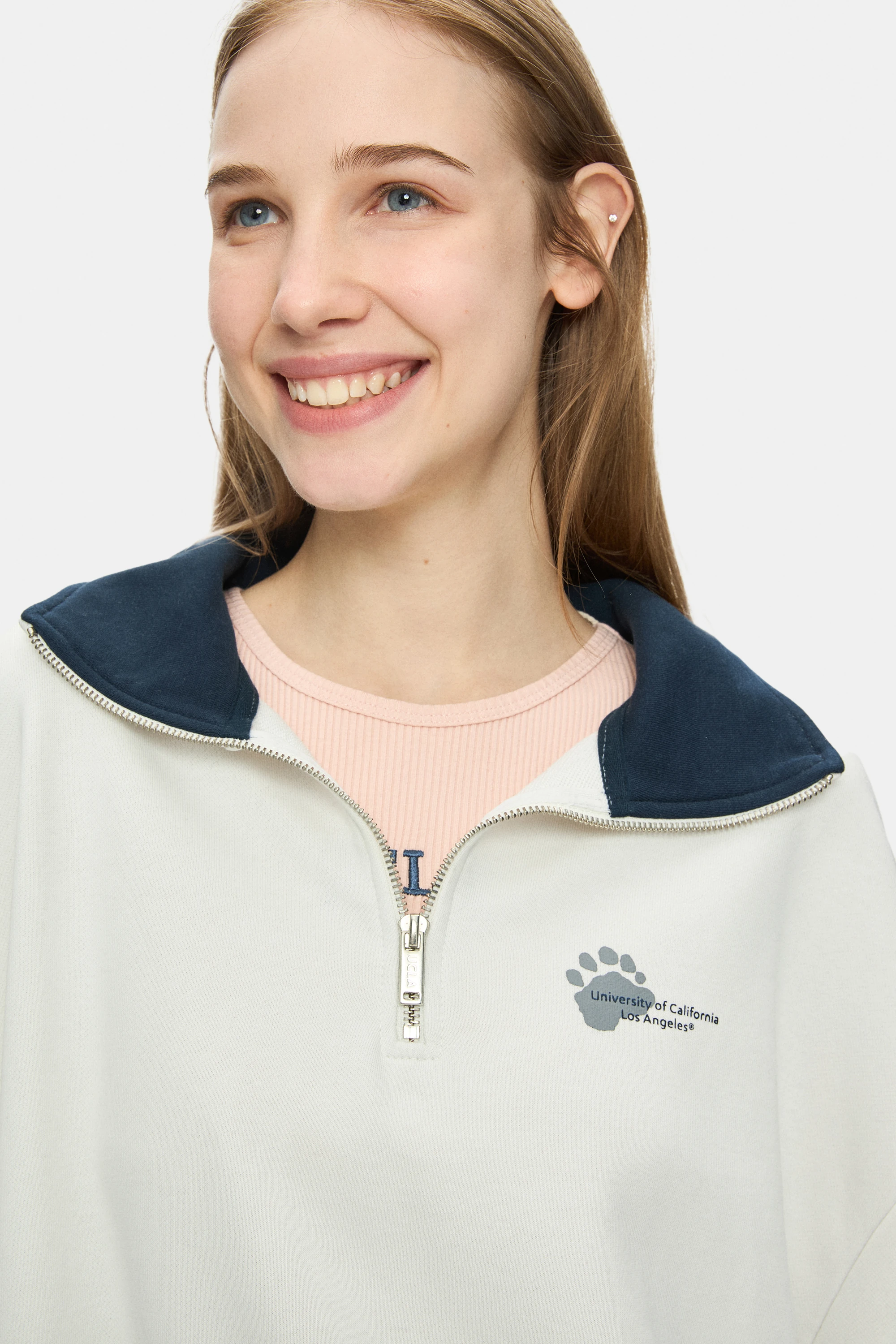 YOKO Kemik Rengi Fermuarlı Baskılı Oversize Fit Kadın Sweatshirt