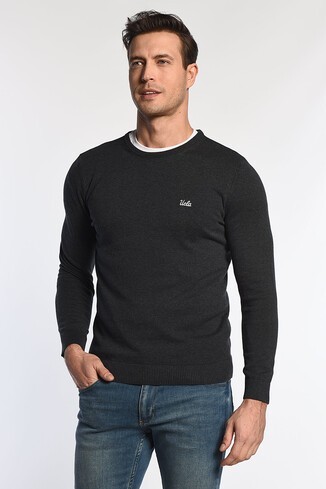 MENTO Koyu Gri Bisiklet Yaka Nakışlı Slim Fit Erkek Triko