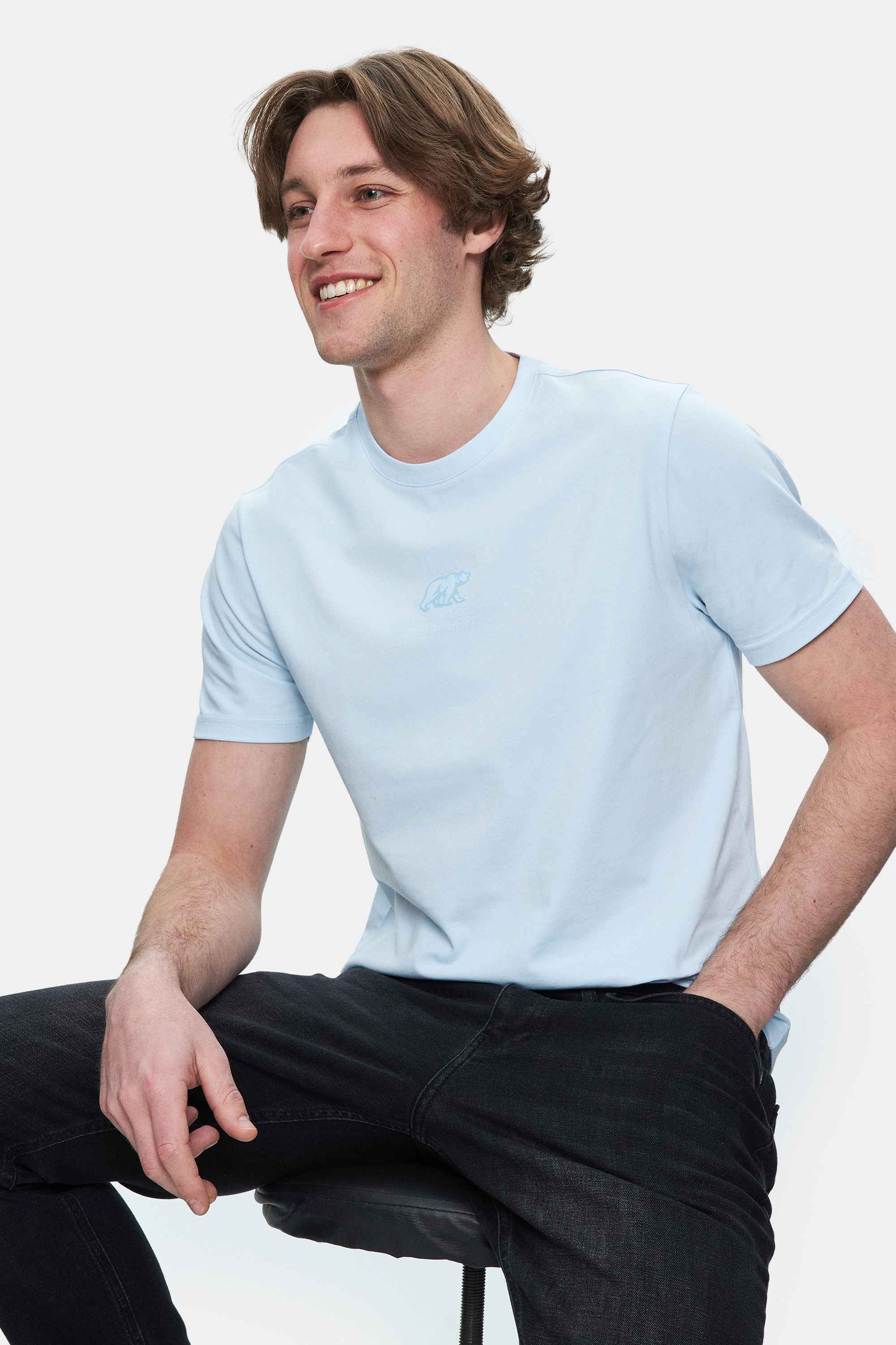 FABIO Gök Mavi Bisiklet Yaka Baskılı Standard Fit Erkek Tshirt