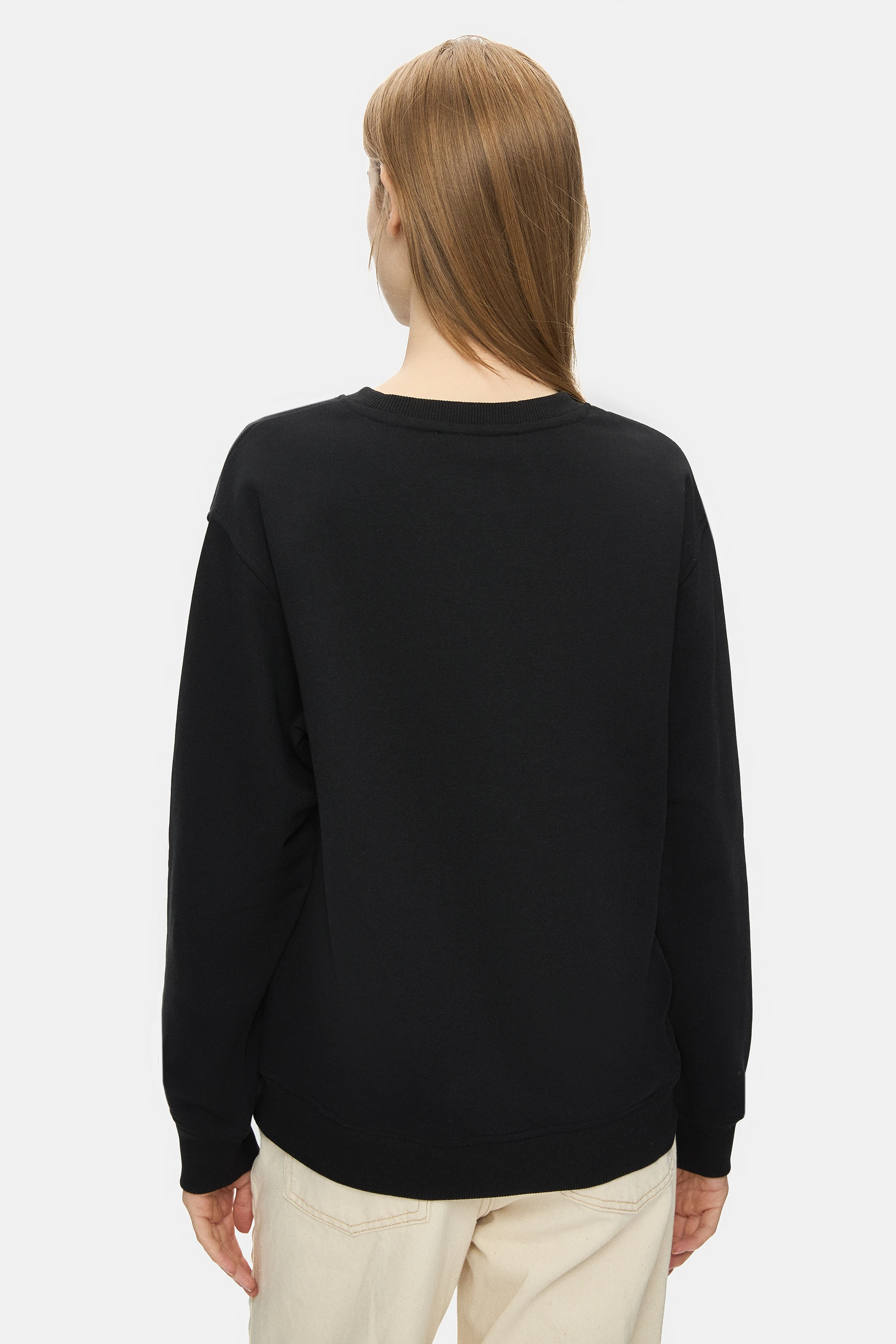 SUNNIVA Siyah Bisiklet Yaka Nakışlı Loose Fit Kadın Sweatshirt