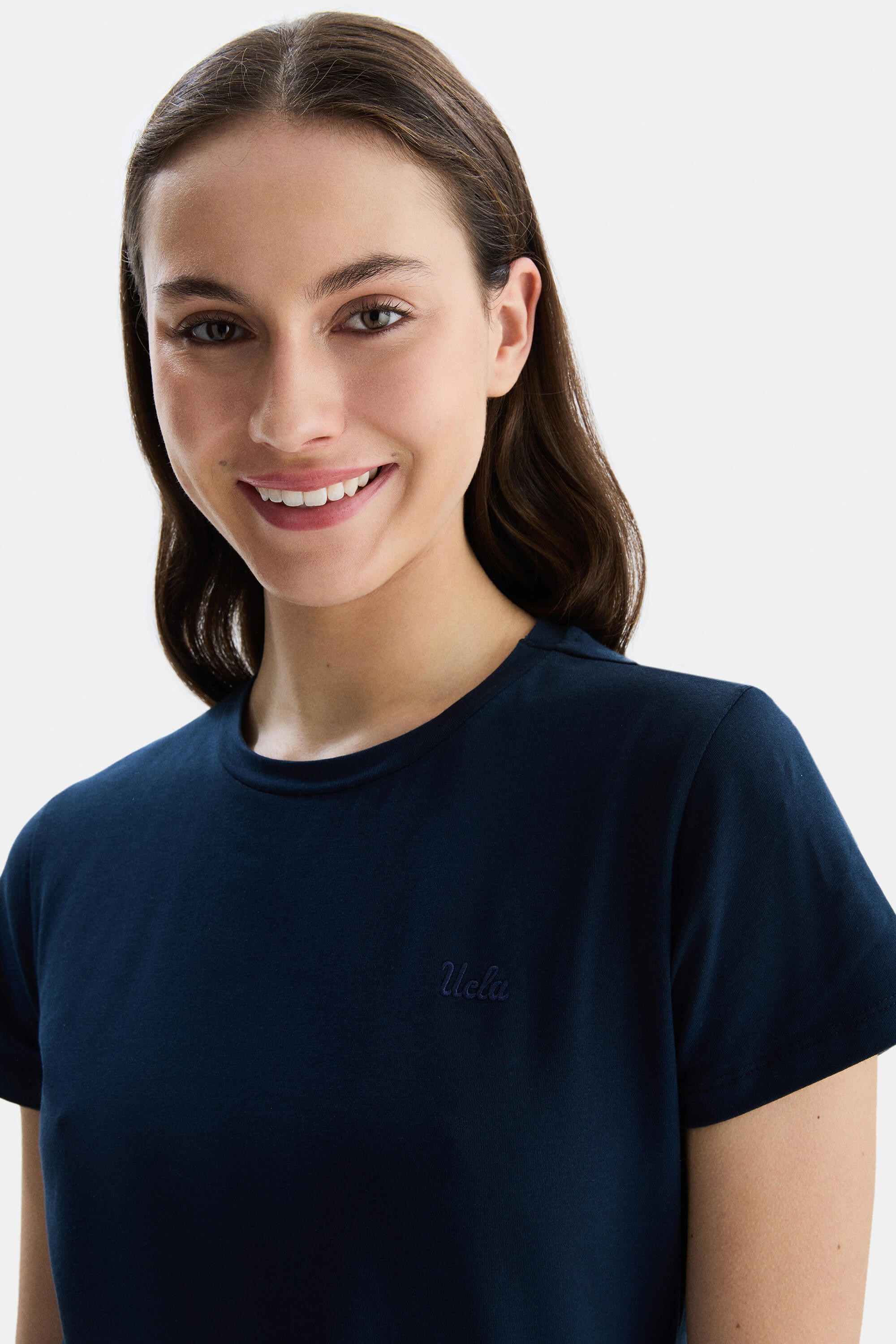 DESTINA Lacivert Bisiklet Yaka Nakışlı Kadın Tshirt