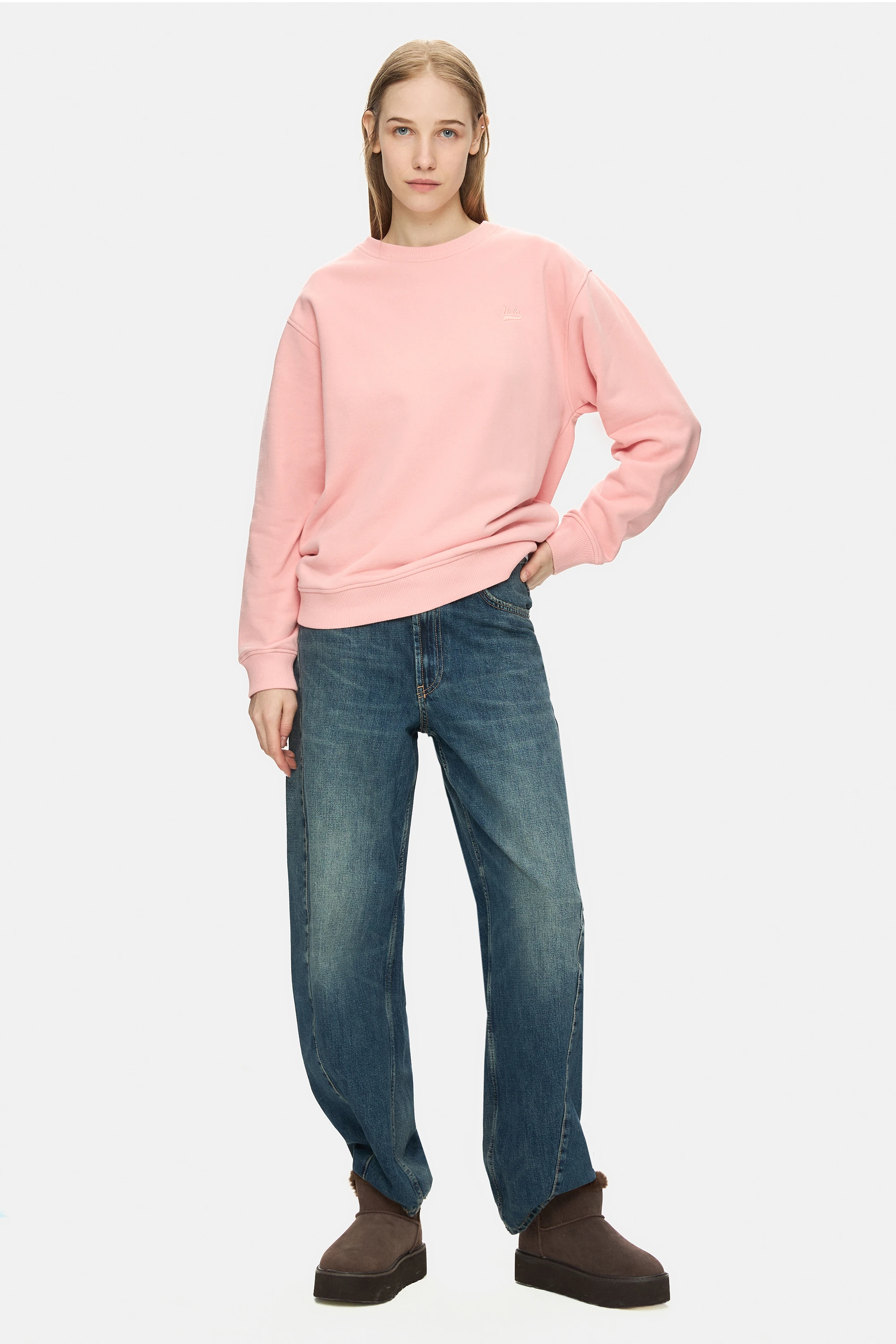 SUNNIVA Pembe Bisiklet Yaka Nakışlı Loose Fit Kadın Sweatshirt