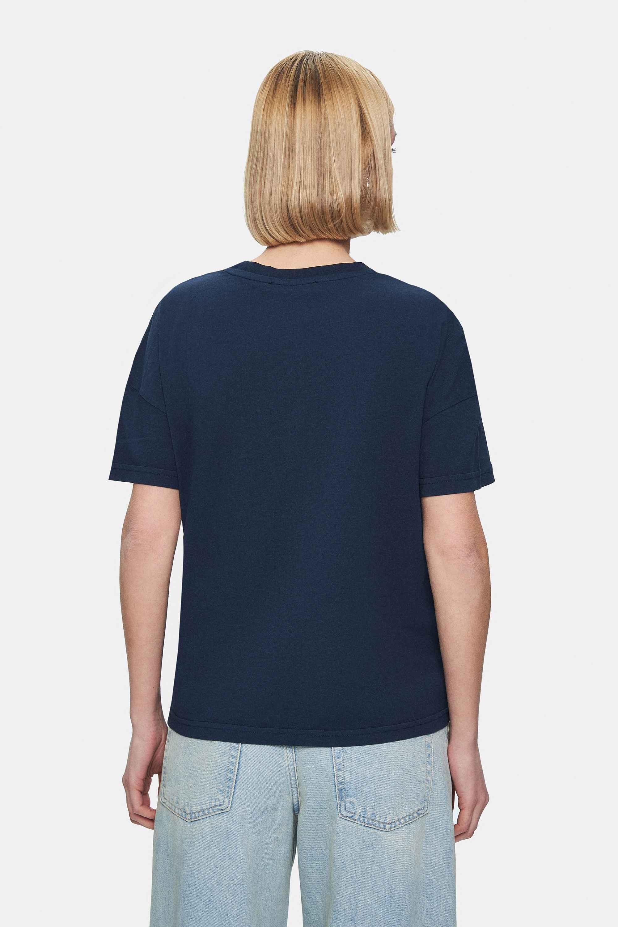 EVERLEE Lacivert Bisiklet Yaka Taş Yıkama Baskılı Loose Fit Kadın Tshirt
