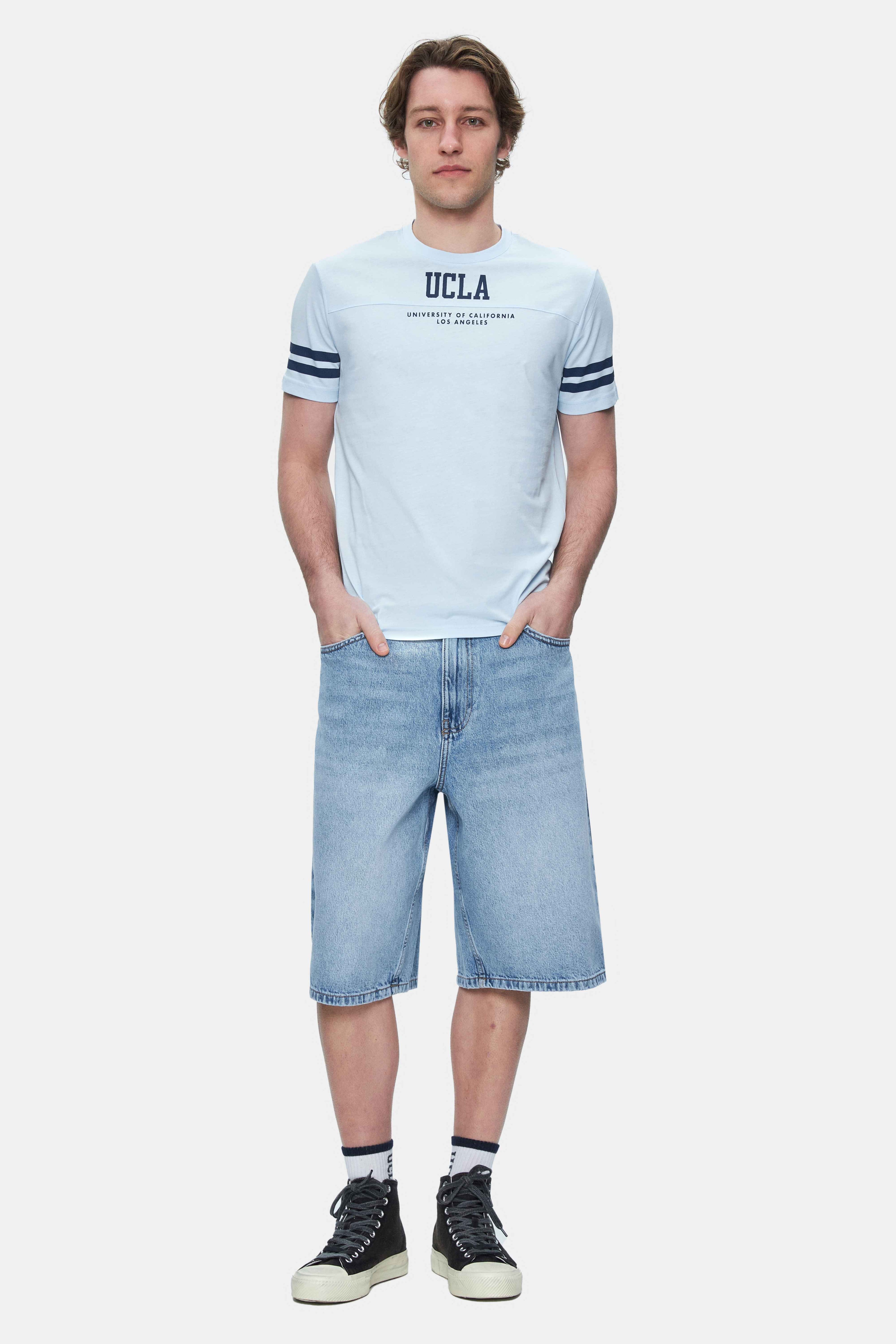 STARK Gök Mavi Kolu Şeritli Bisiklet Yaka Baskılı Standard Fit Erkek Tshirt