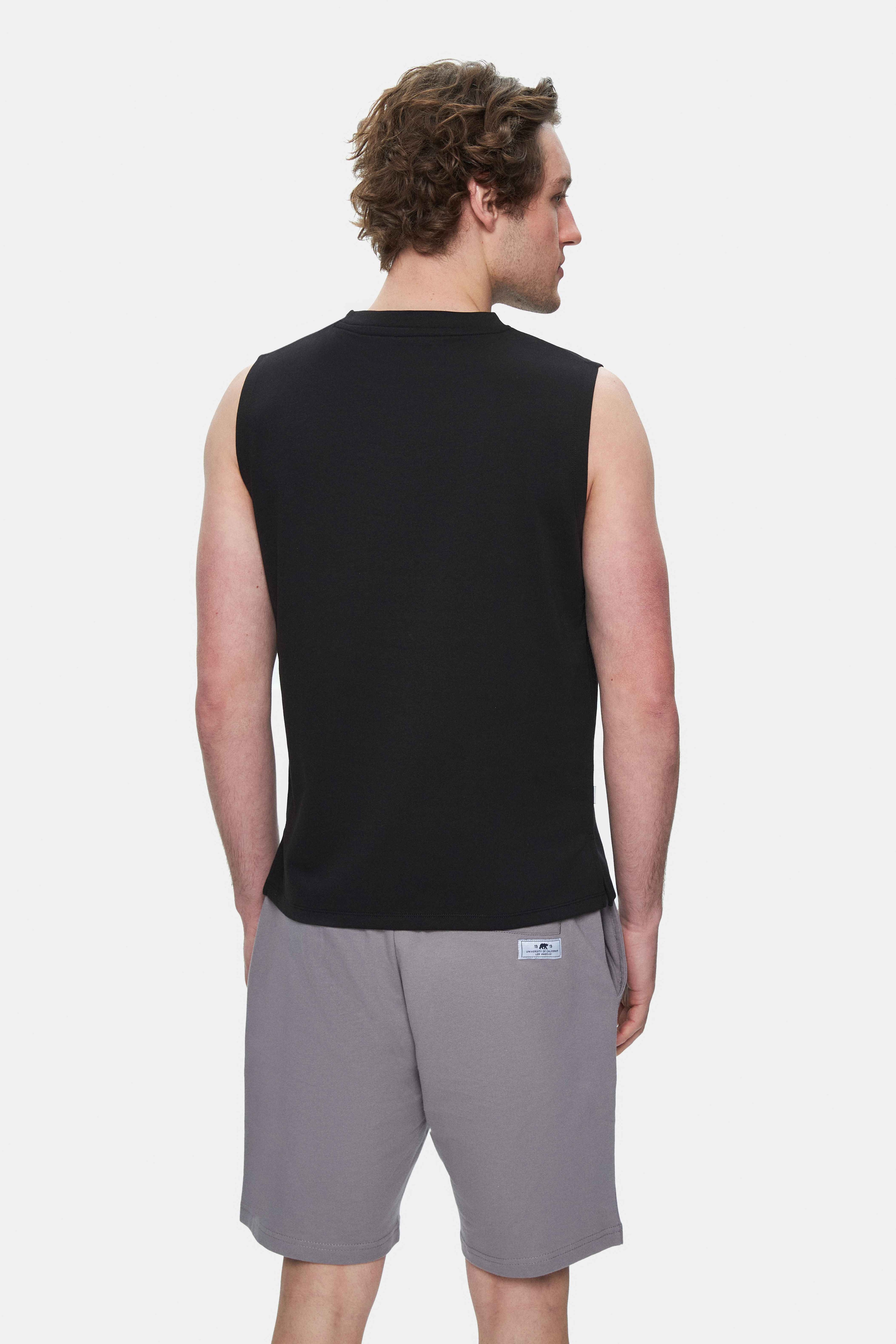 BODHI Siyah Bisiklet Yaka Sıfır Kol Baskılı Oversize Erkek Tshirt