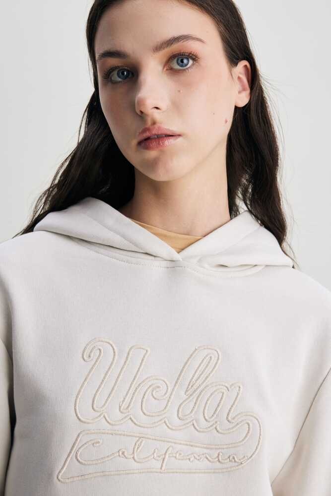 DEBORAH Bej Kapüşonlu Nakışlı Standard Fit Kadın Sweatshirt