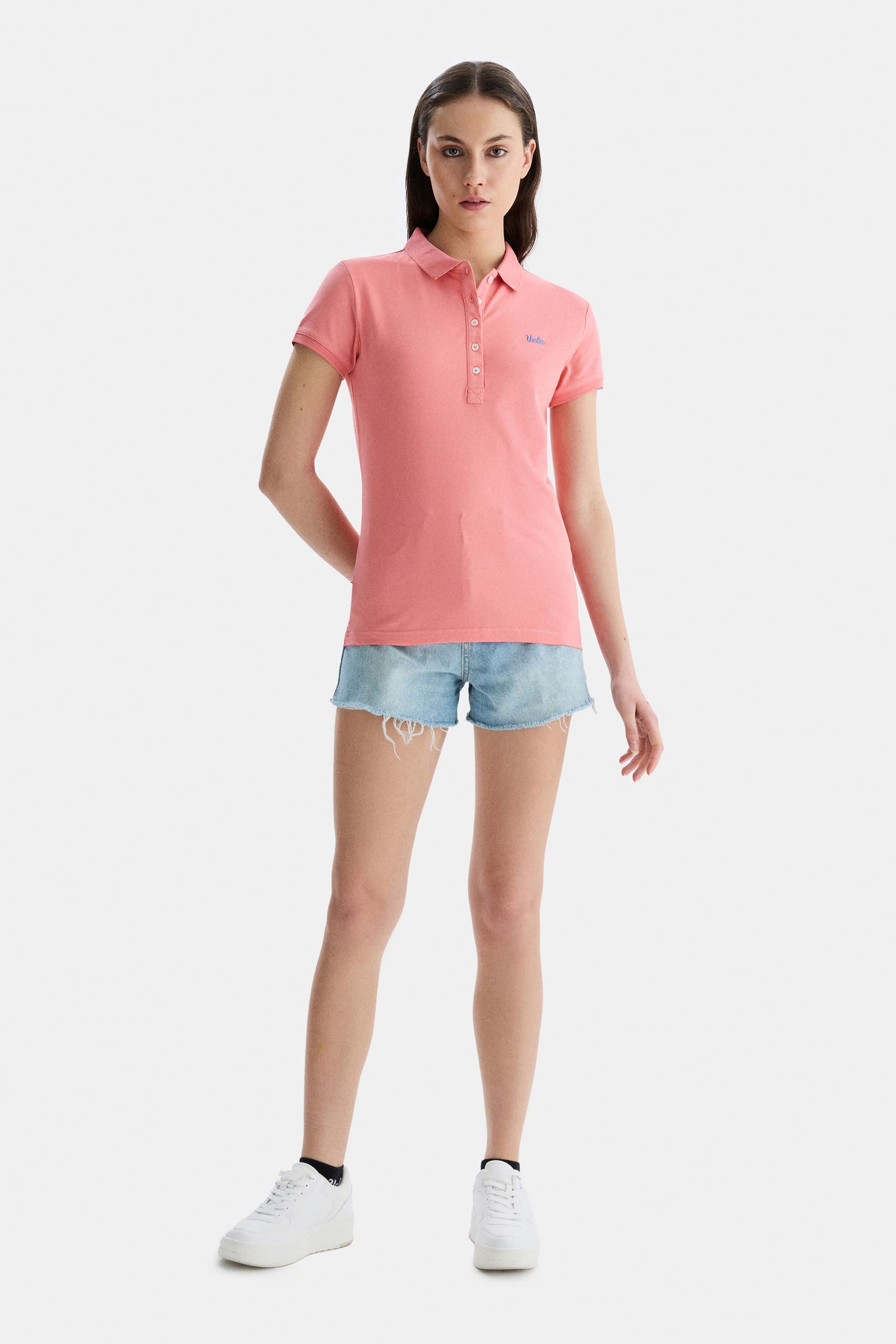 SHAVER Pembe Polo Yaka Nakışlı Standard Fit Kadın Tshirt