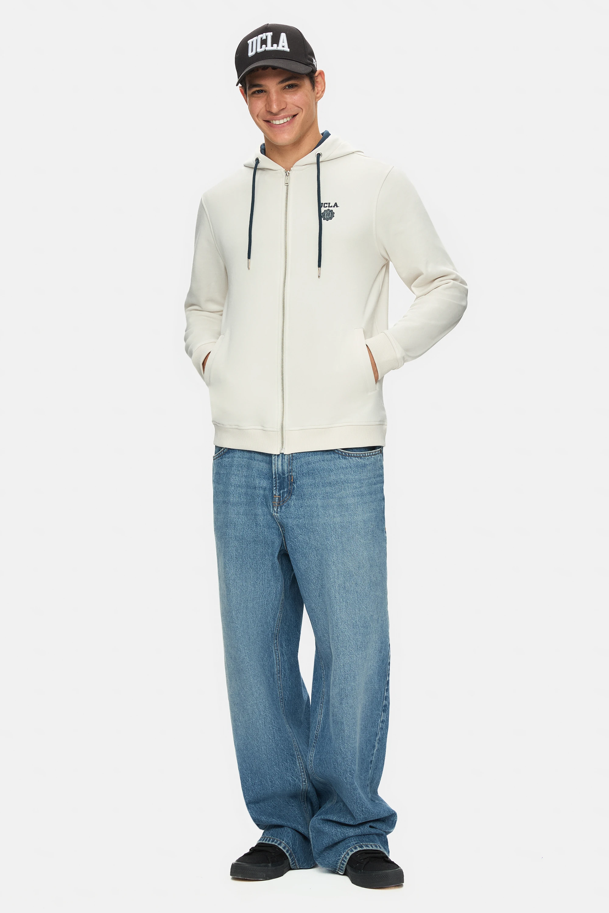 HILGARD Kemik Rengi Kapüşonlu Ve Fermuarlı Baskılı Standard Fit Erkek Sweatshirt