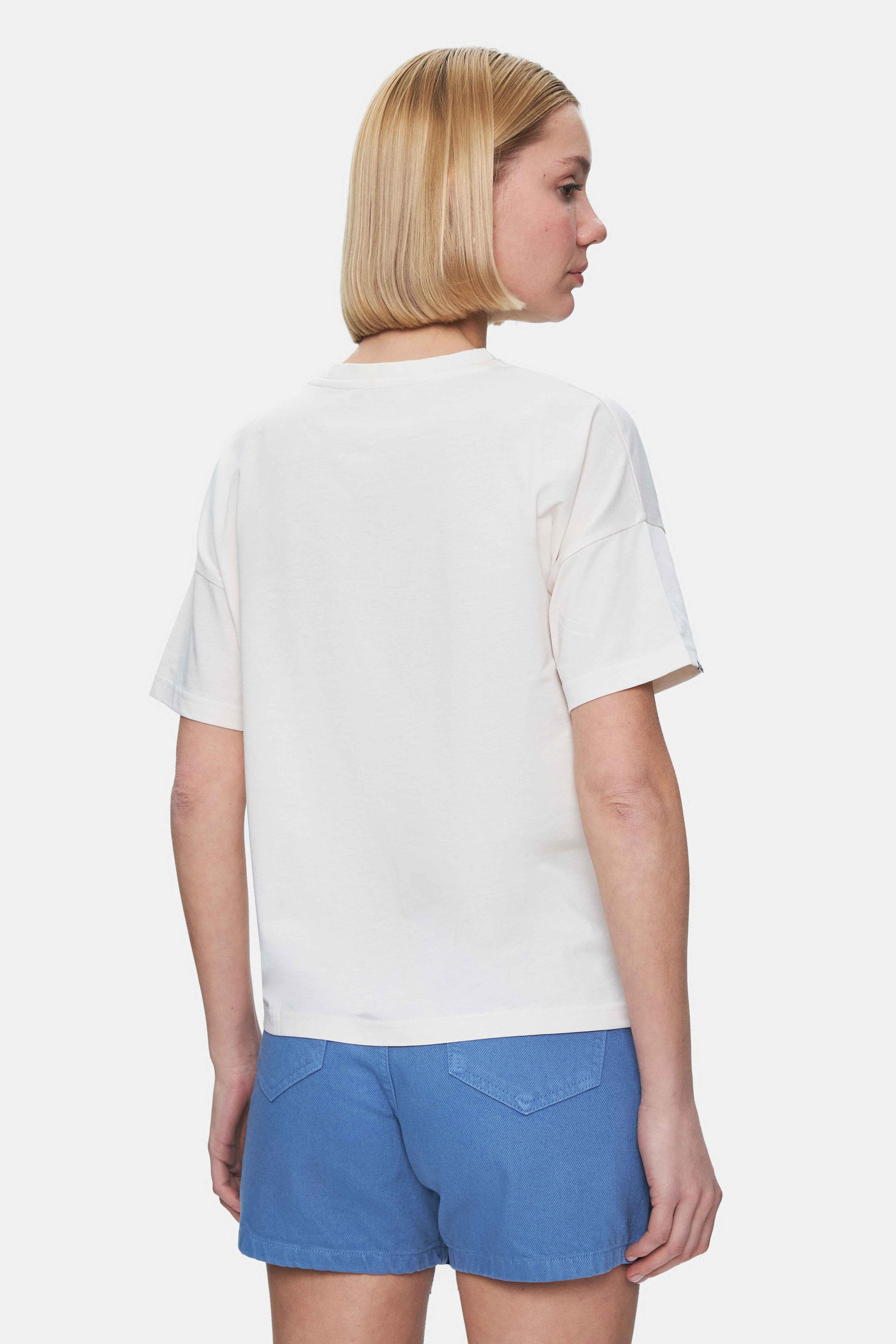 ODETTE Kemik Rengi Bisiklet Yaka Varak Baskılı Loose Fit Kadın Tshirt