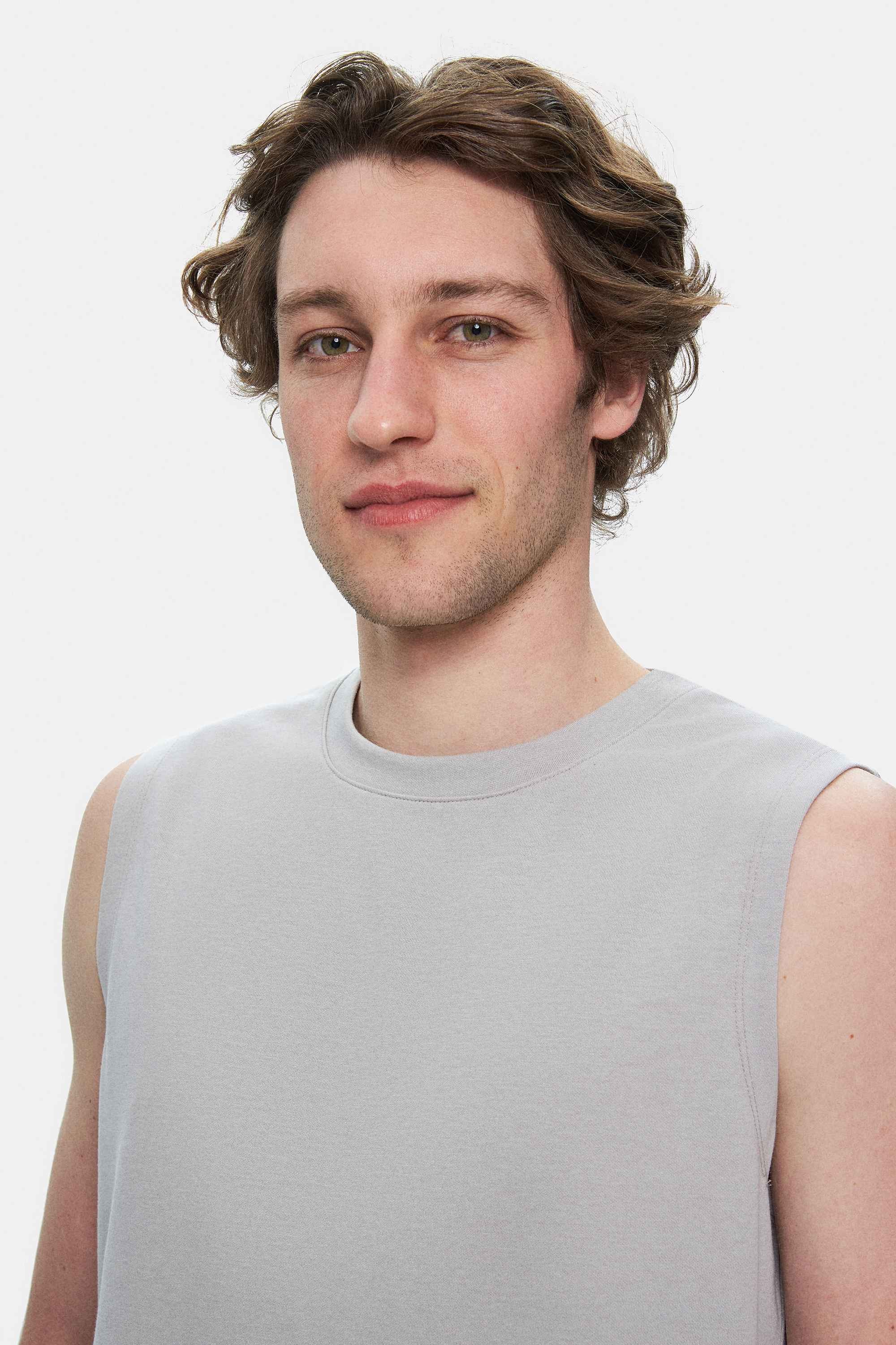 BODHI Açık Gri Bisiklet Yaka Sıfır Kol Baskılı Modal Kumaş Oversize Erkek Tshirt