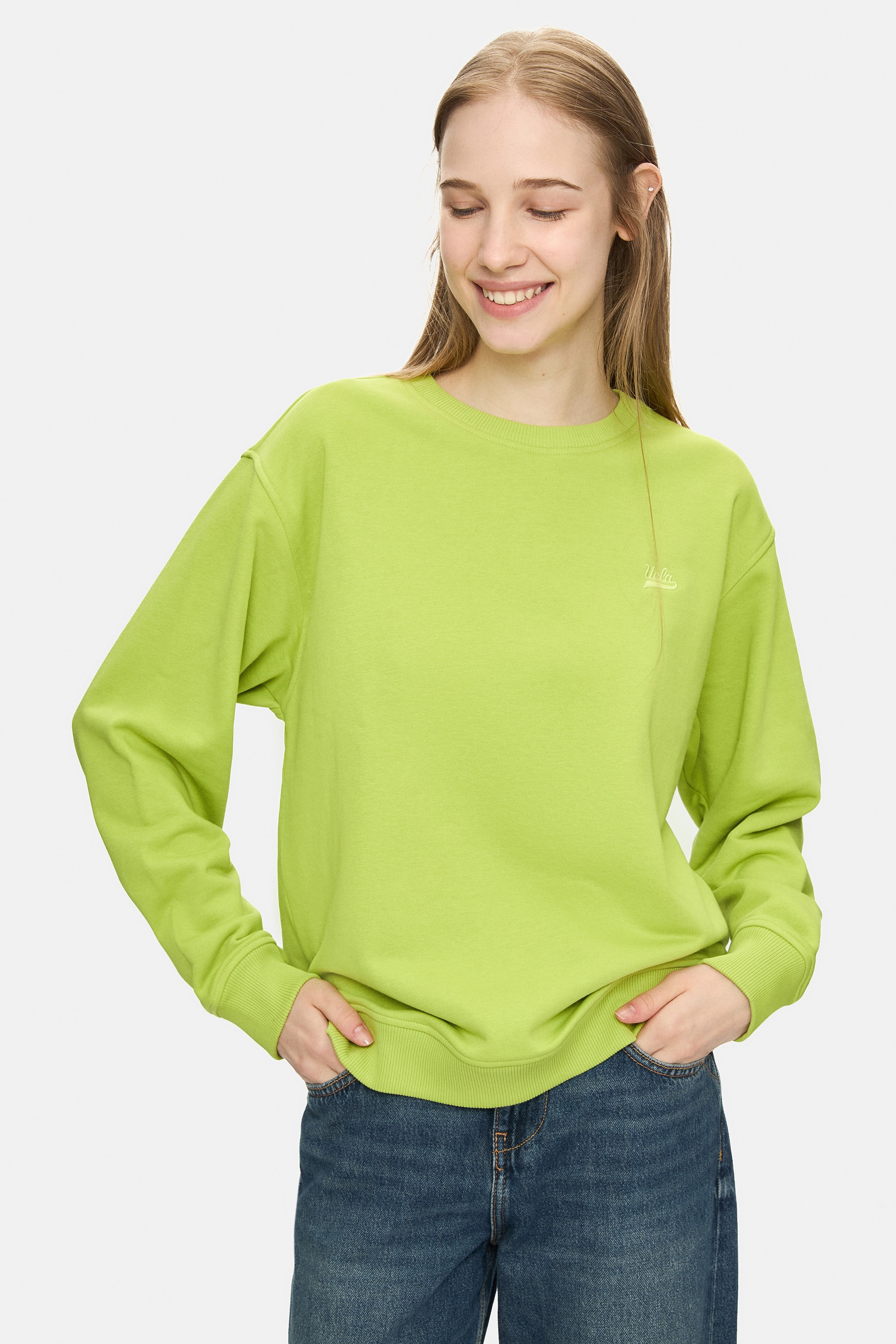 SUNNIVA Koyu Yeşil Bisiklet Yaka Nakışlı Loose Fit Kadın Sweatshirt