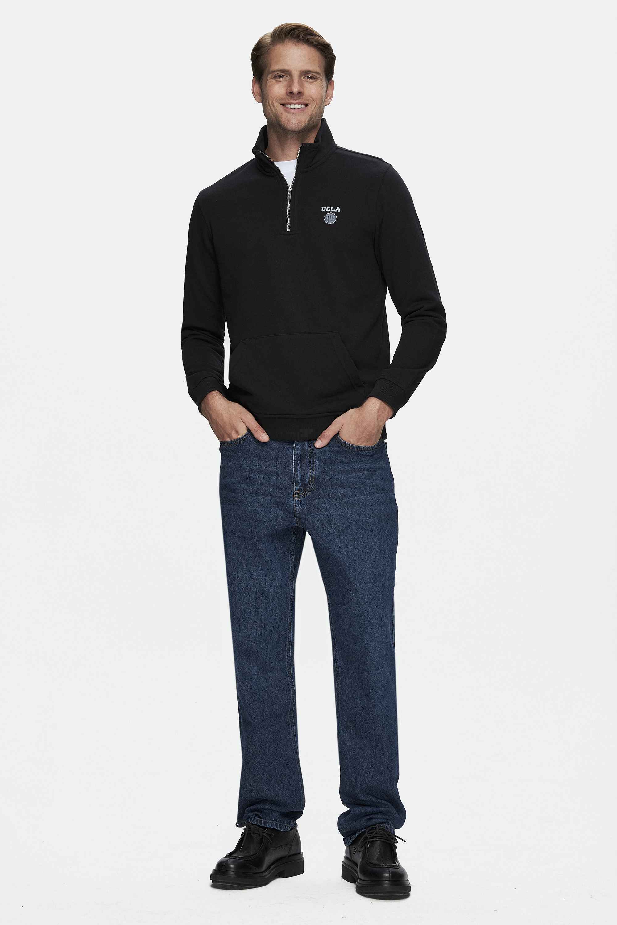 LEON Siyah Yarım Fermuar Baskılı Dik Yaka Standard Fit Erkek Sweatshirt