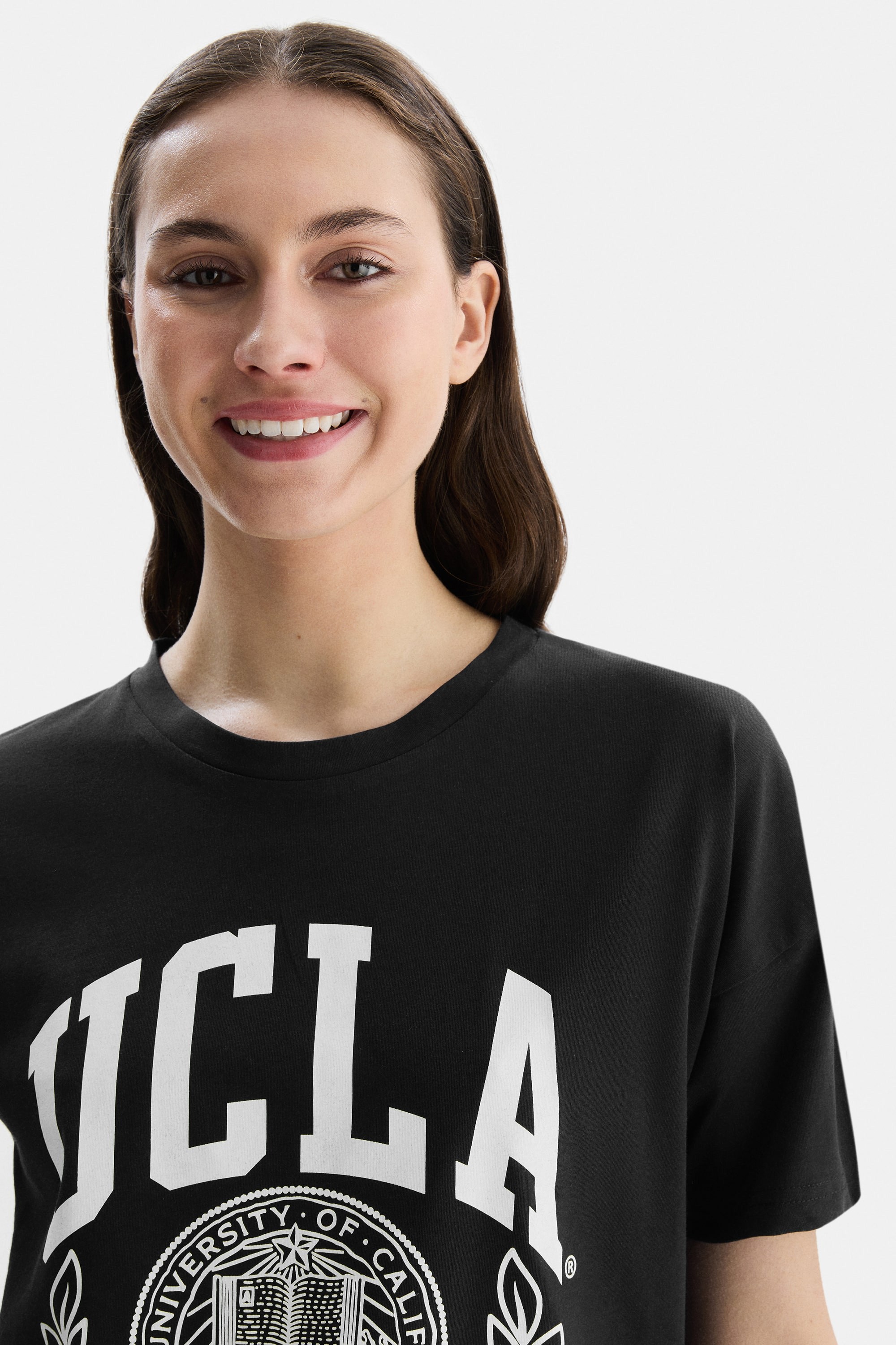AVALON Siyah Bisiklet Yaka Baskılı Oversize Kadın Tshirt