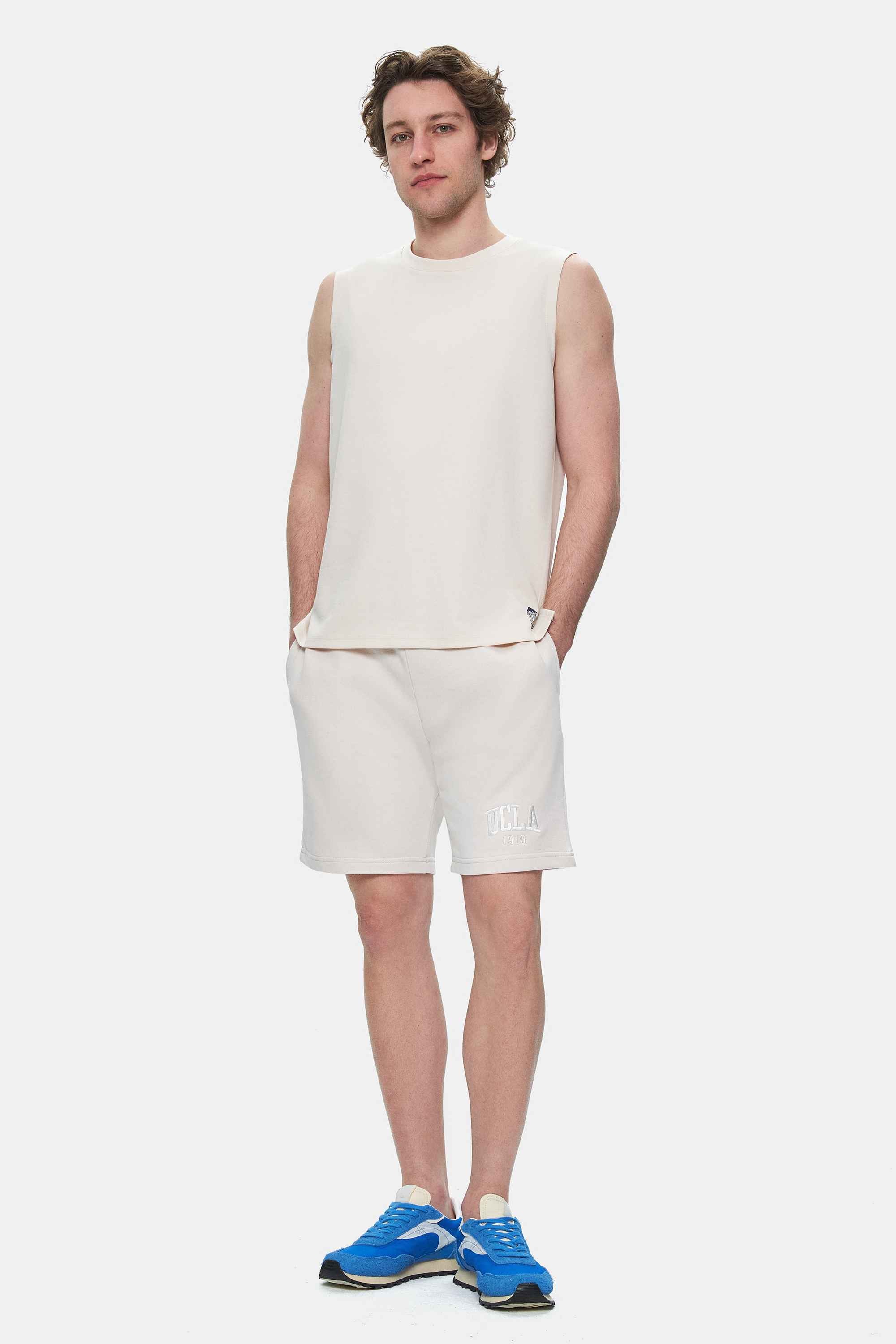 BODHI Kemik Rengi Bisiklet Yaka Sıfır Kol Baskılı Oversize Erkek Tshirt