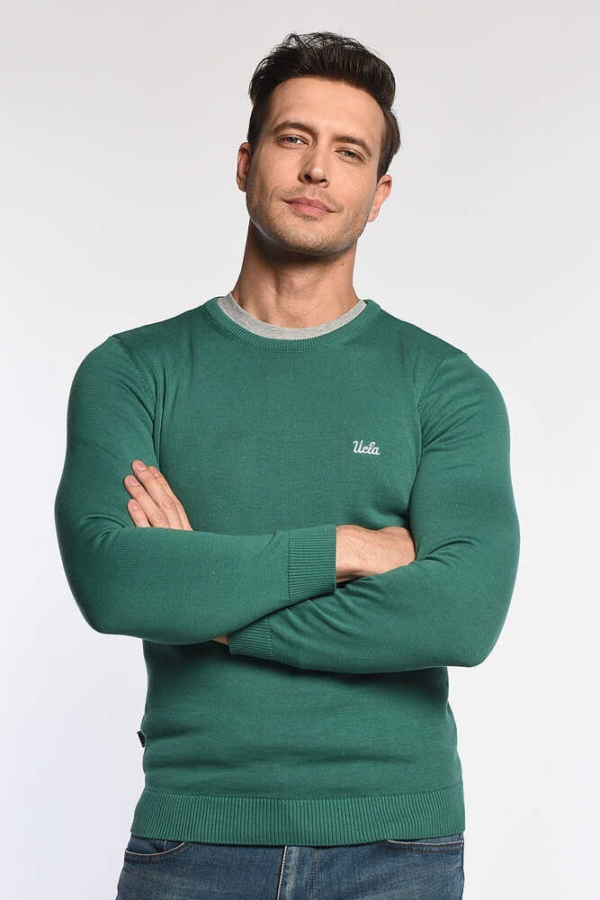MENTO Yeşil Bisiklet Yaka Nakışlı Slim Fit Erkek Triko