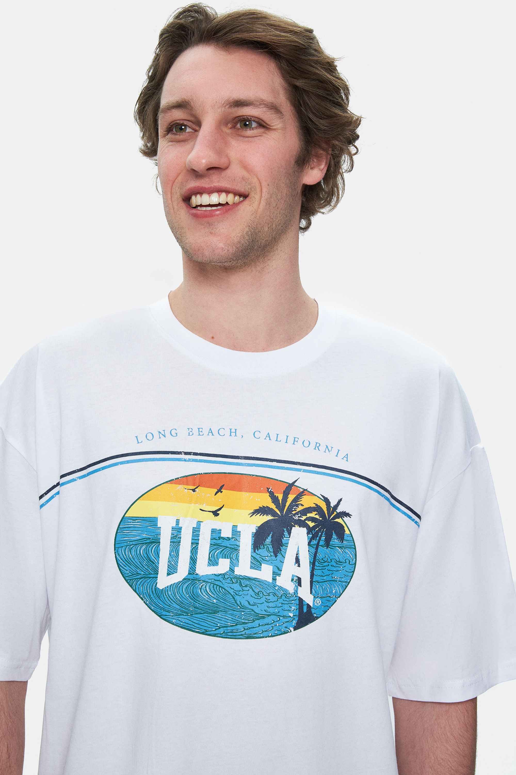 AIRE Beyaz Bisiklet Yaka Baskılı Oversize Erkek Tshirt