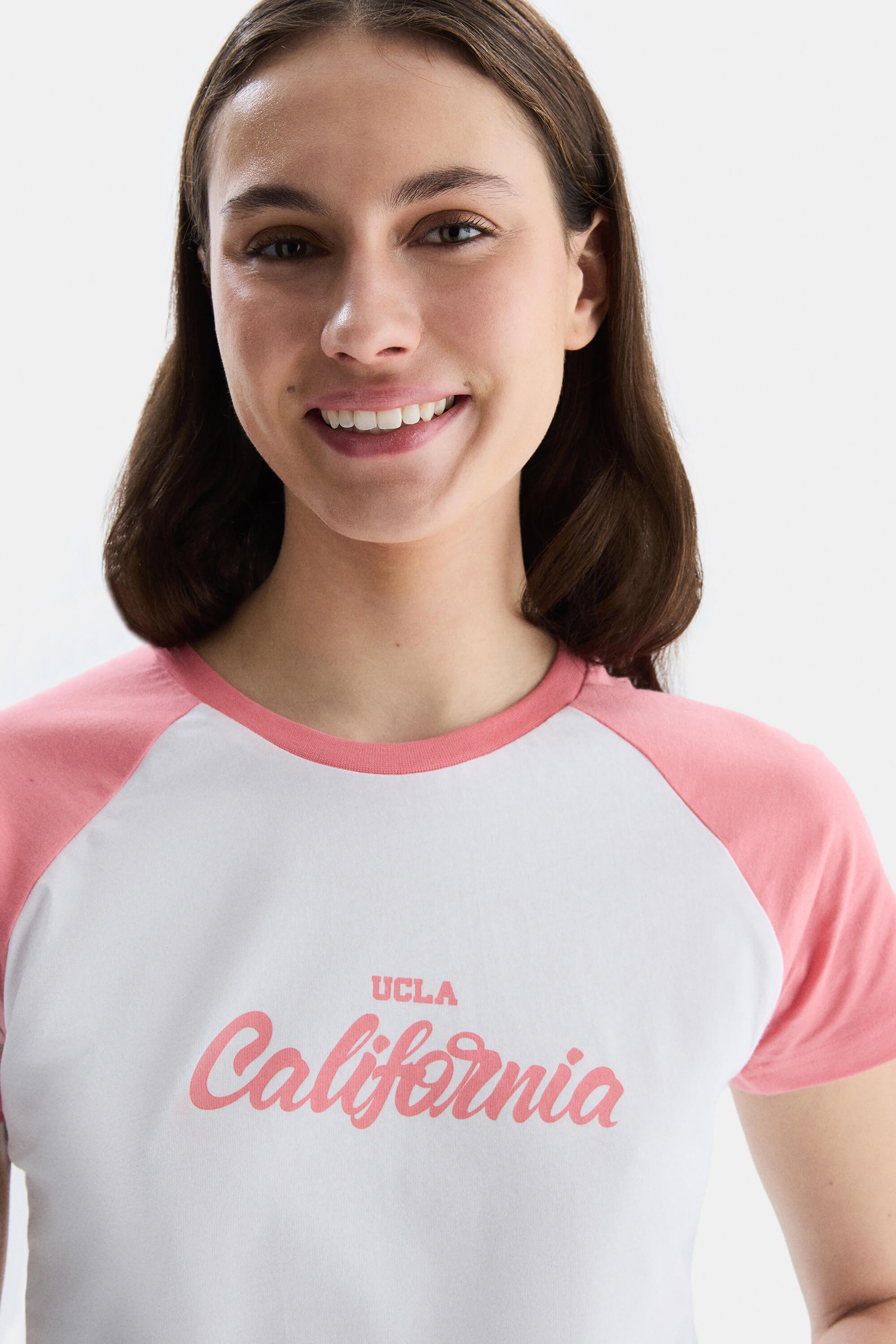 CAROLINA Pembe Bisiklet Yaka Baskılı Standard Fit Kadın Tshirt